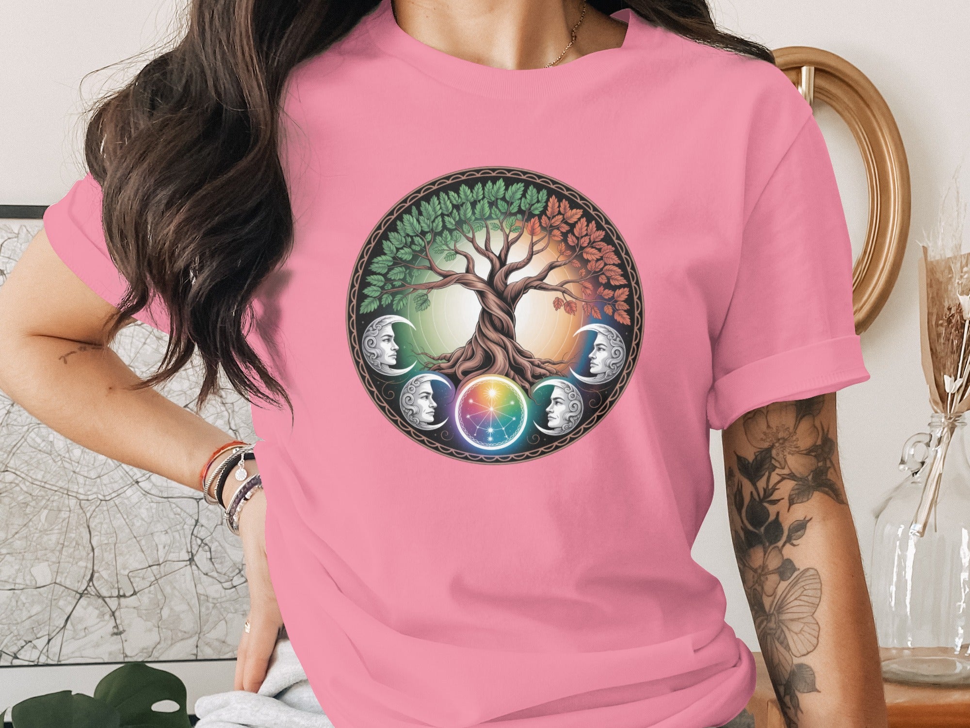 Colorful Tree of Life Design Pink T-Shirt Apparel