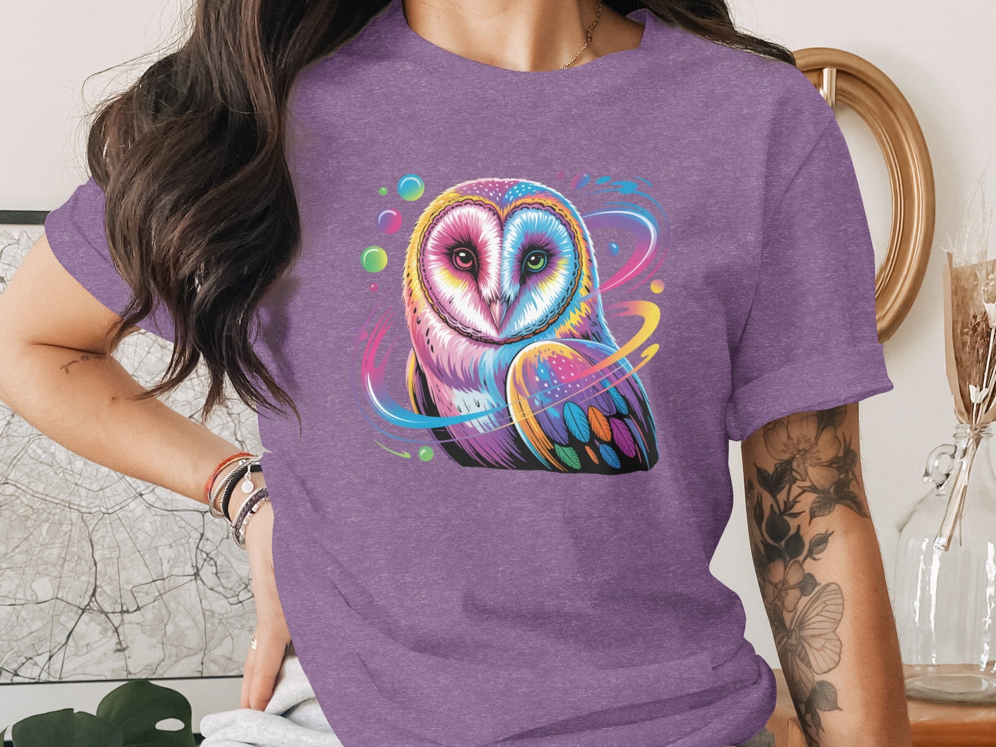 Colorful Owl Design Purple Graphic T-Shirt