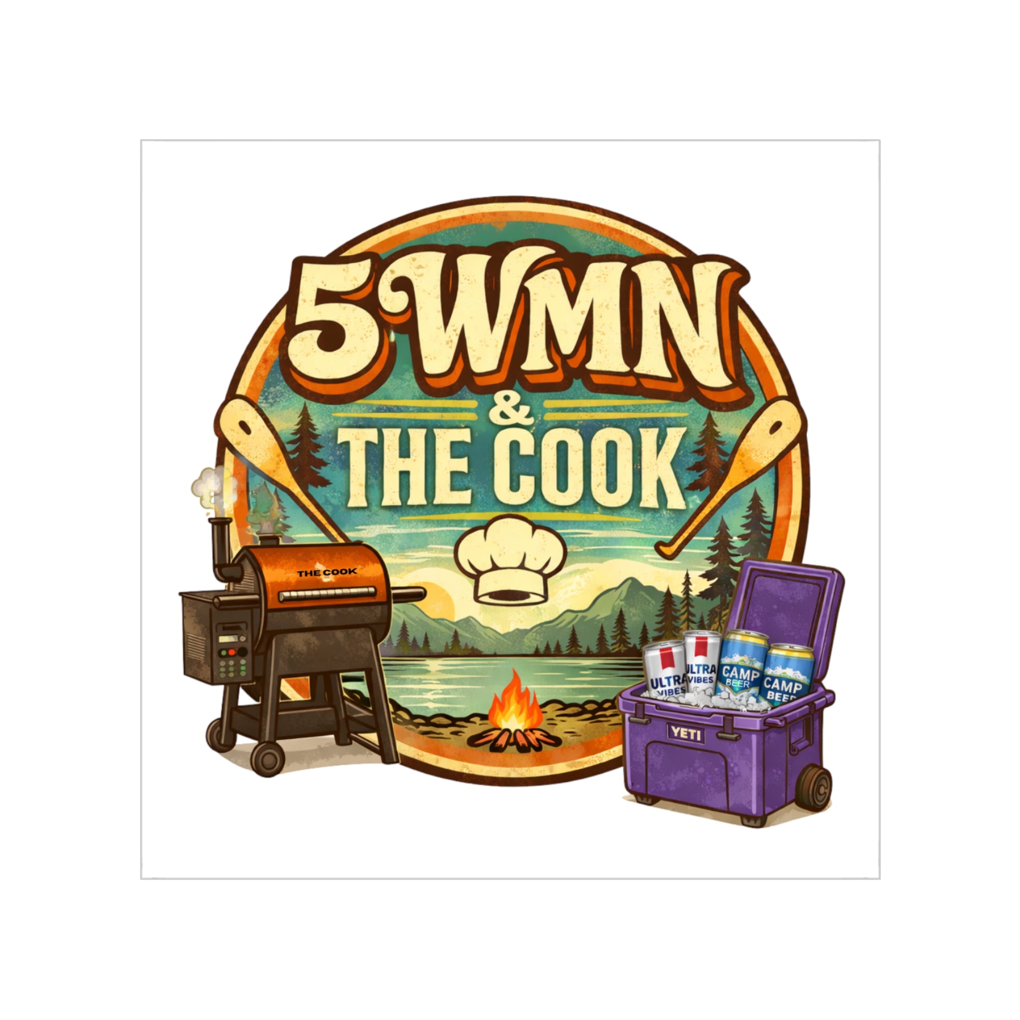 Camping BBQ Sticker — “5WMN & The Cook” Transparent Outdoor Square Sticker - WrinkledHippie
