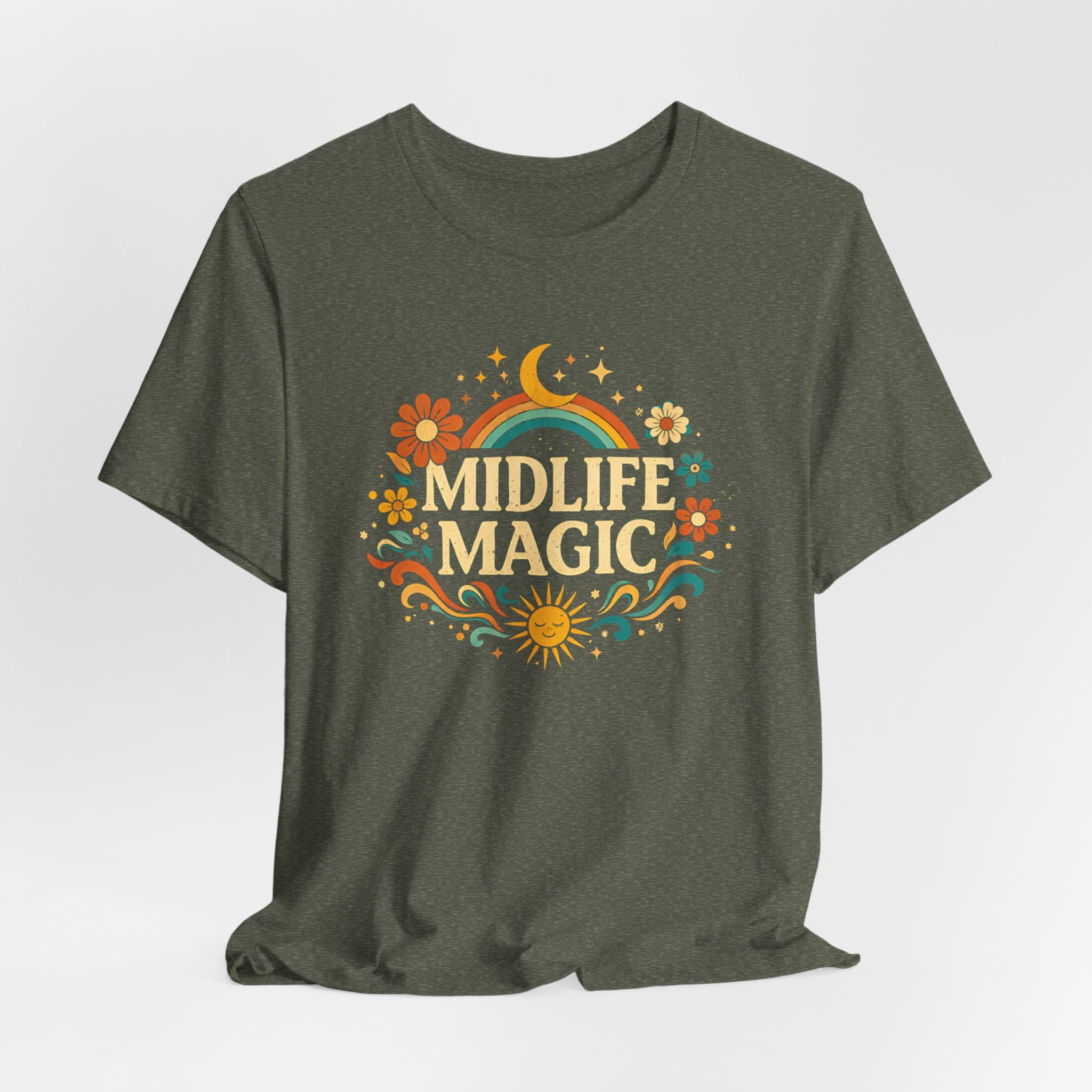 Midlife Magic Hippie Vibe T-Shirt — Retro Boho Tee for Women Celebrating Midlife