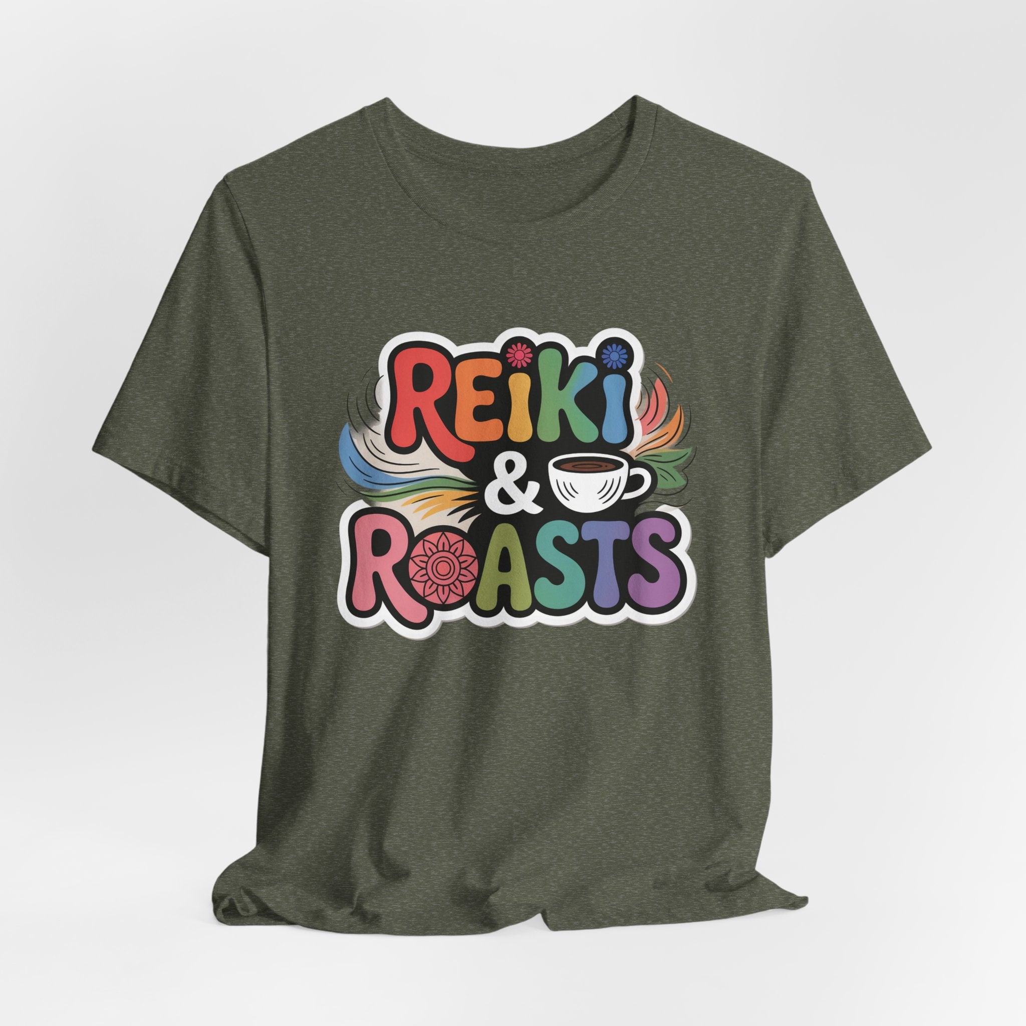 Reiki & Roasts Coffee Tee — Chakra Spiritual Coffee Lover T‑Shirt