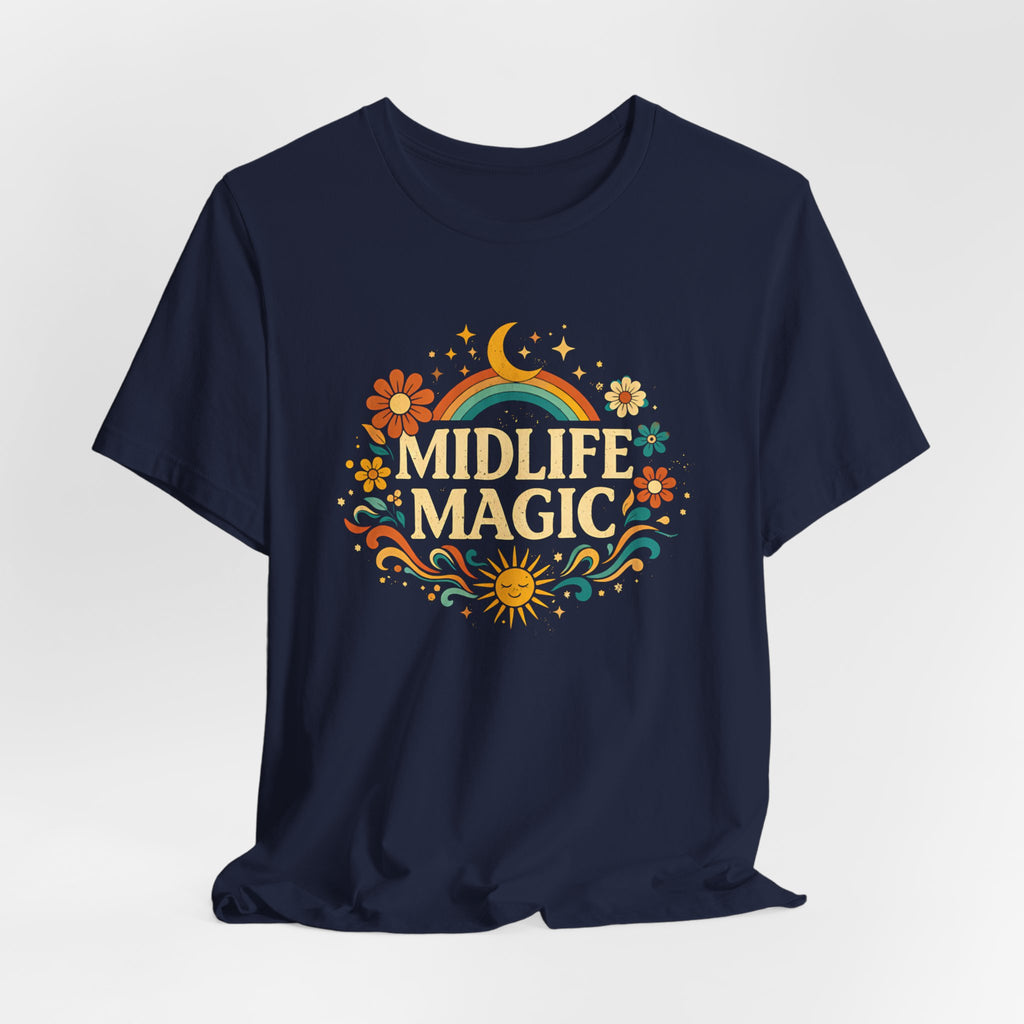 Midlife Magic Hippie Vibe T-Shirt — Retro Boho Tee for Women Celebrating Midlife - WrinkledHippie