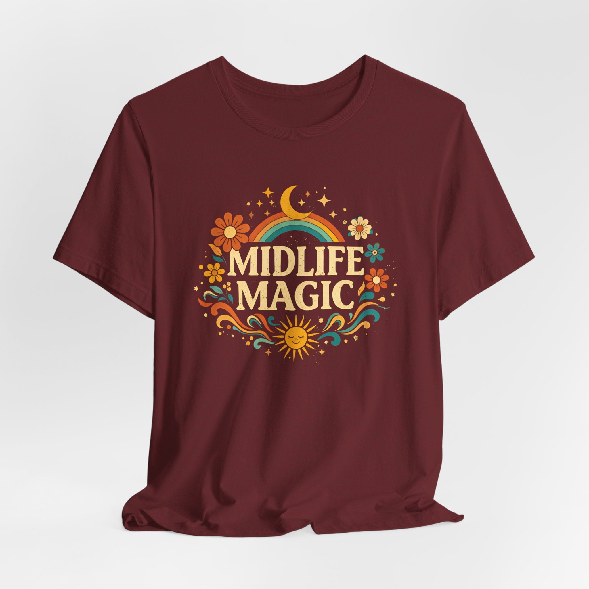 Midlife Magic Hippie Vibe T-Shirt — Retro Boho Tee for Women Celebrating Midlife