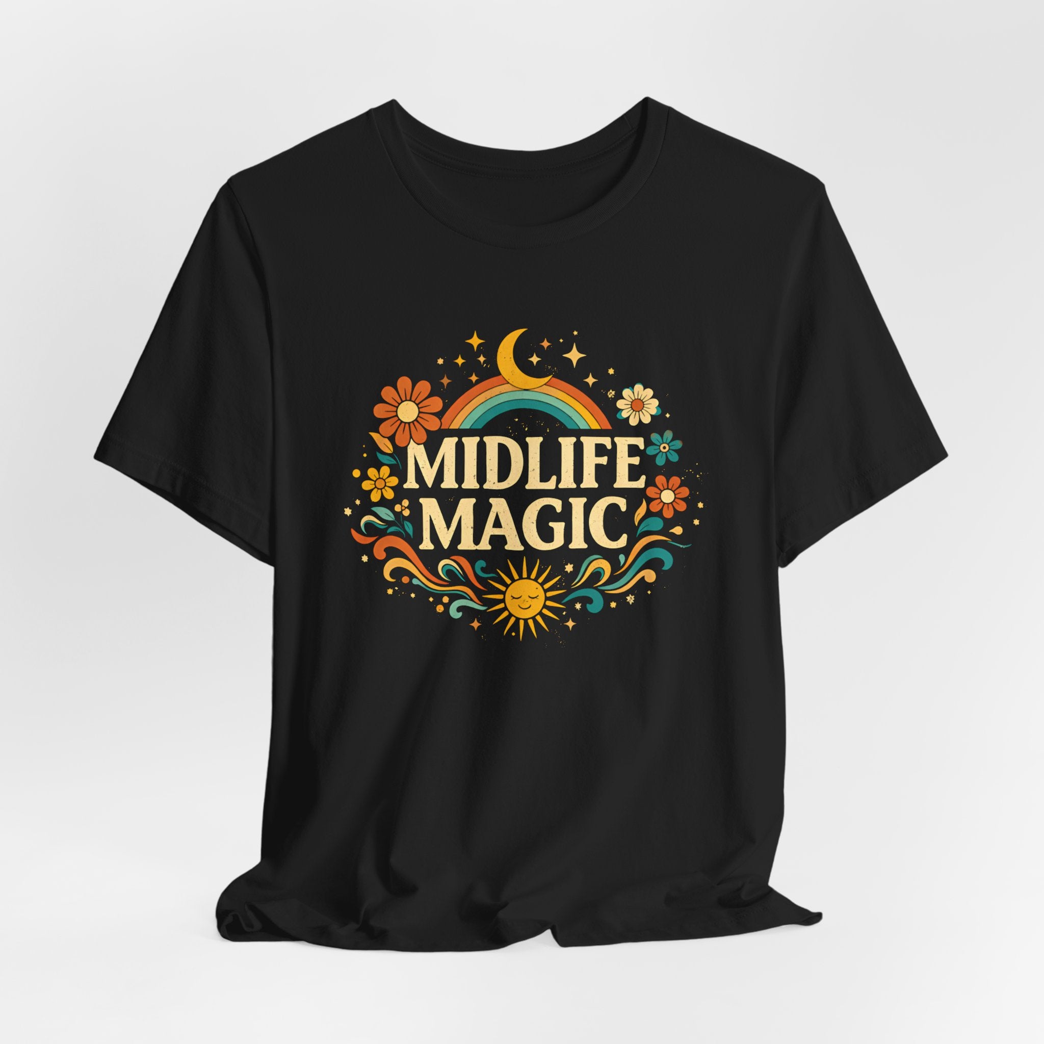 Midlife Magic Hippie Vibe T-Shirt — Retro Boho Tee for Women Celebrating Midlife