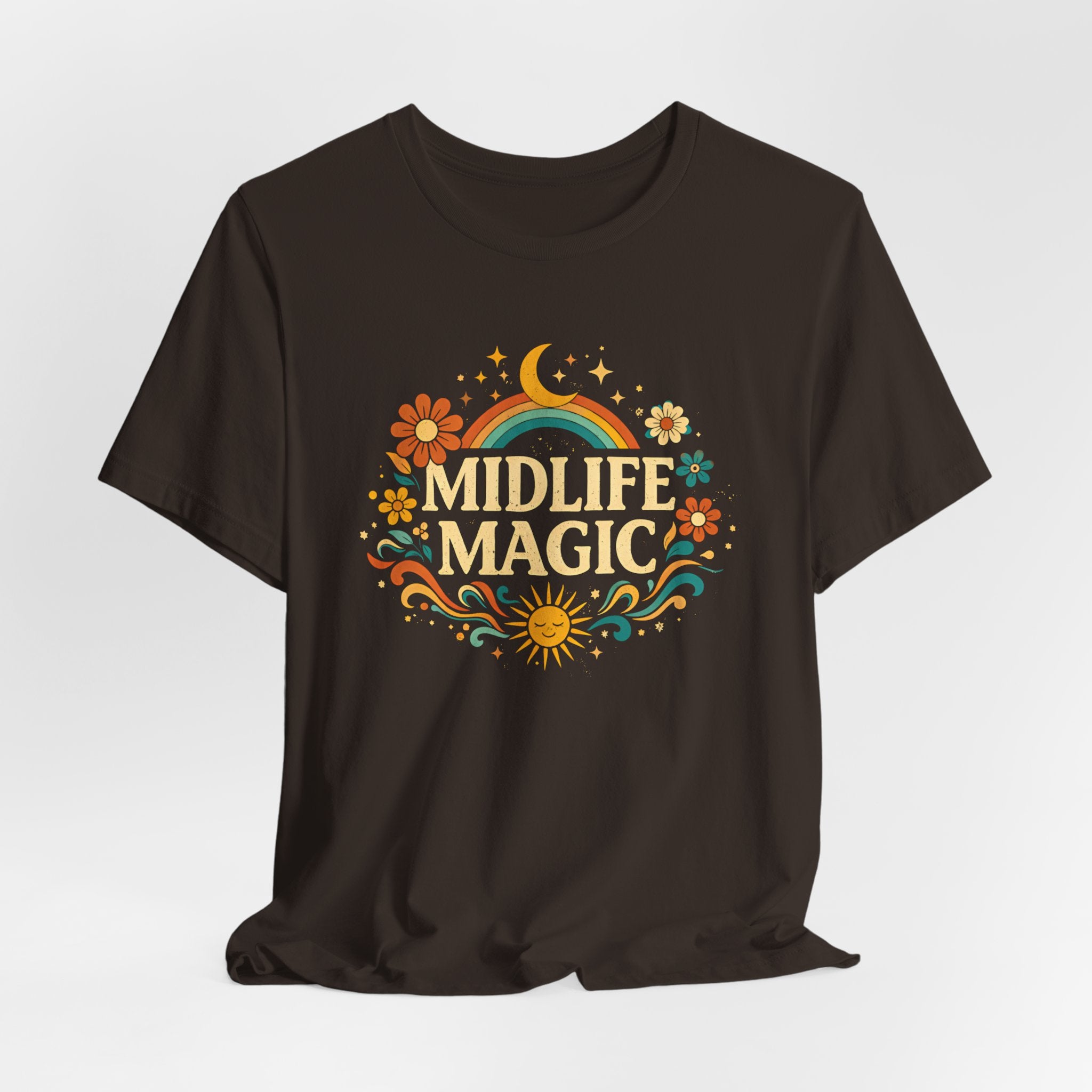 Midlife Magic Hippie Vibe T-Shirt — Retro Boho Tee for Women Celebrating Midlife