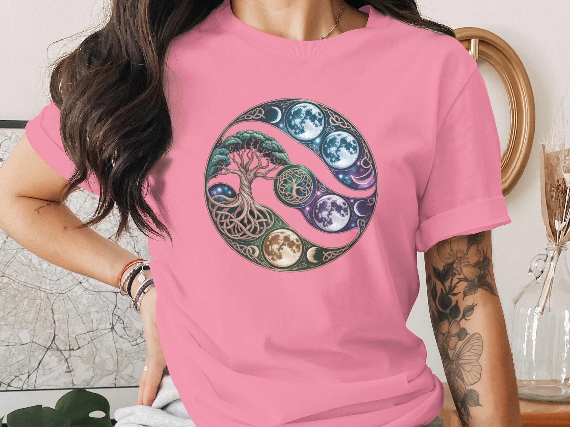 Colorful Moon Phases and Tree Design Pink Shirt Product