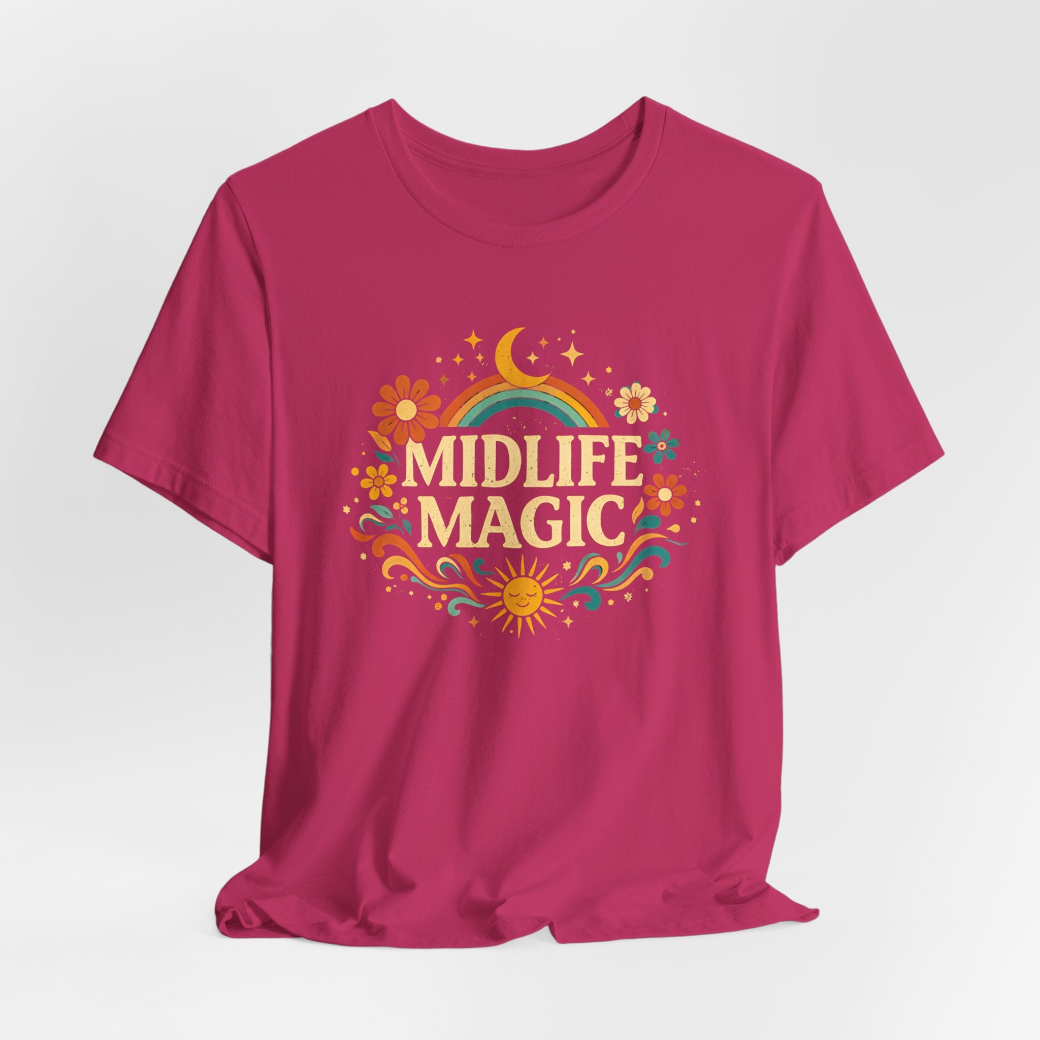 Midlife Magic Hippie Vibe T-Shirt — Retro Boho Tee for Women Celebrating Midlife