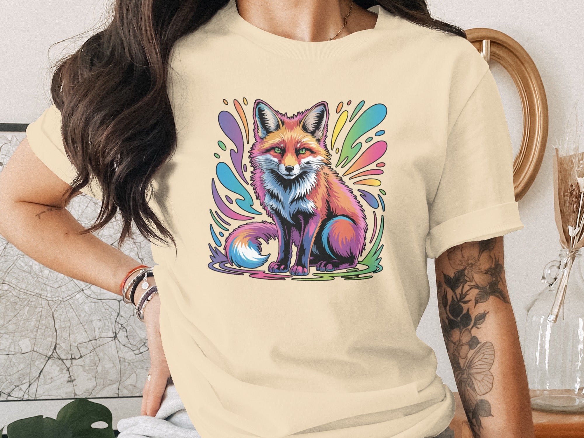 Colorful Fox Art Print on Beige Casual Shirt