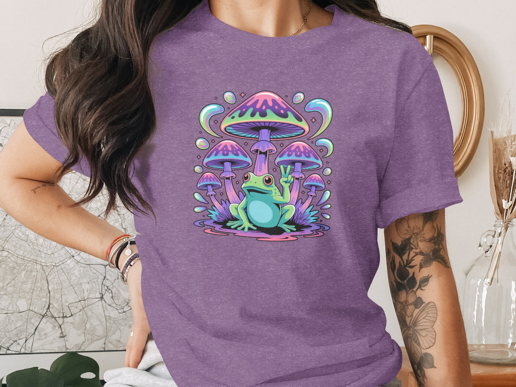 Cute Frog and Psychedelic Mushrooms Design T-Shirt