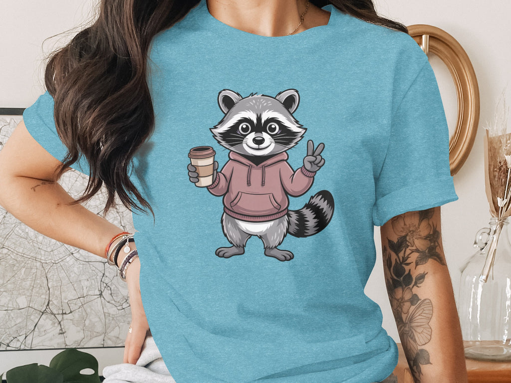 Cute Raccoon Graphic Tee with Coffee Cup Design
