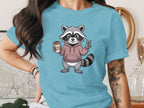 Cute Raccoon Graphic Tee with Coffee Cup Design