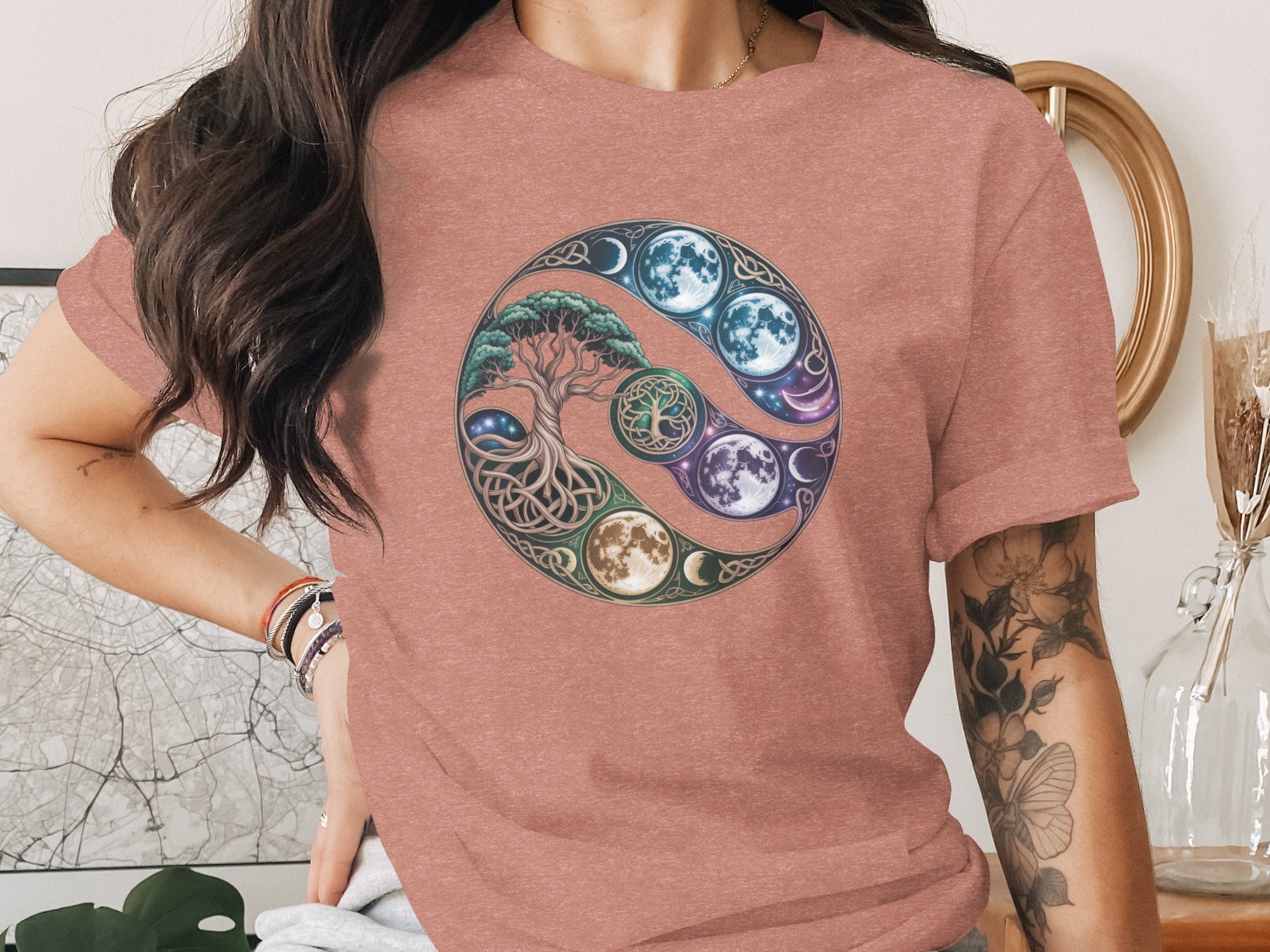 Celestial Moon Phases and Tree of Life Design T-Shirt