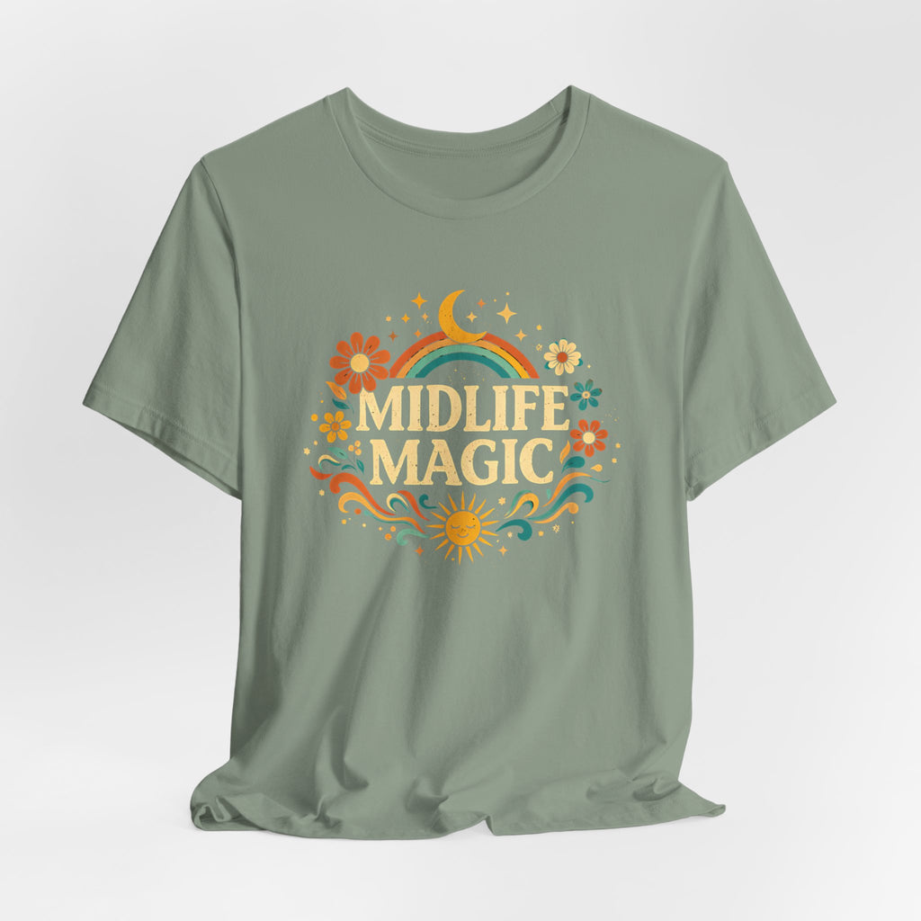Midlife Magic Hippie Vibe T-Shirt — Retro Boho Tee for Women Celebrating Midlife - WrinkledHippie