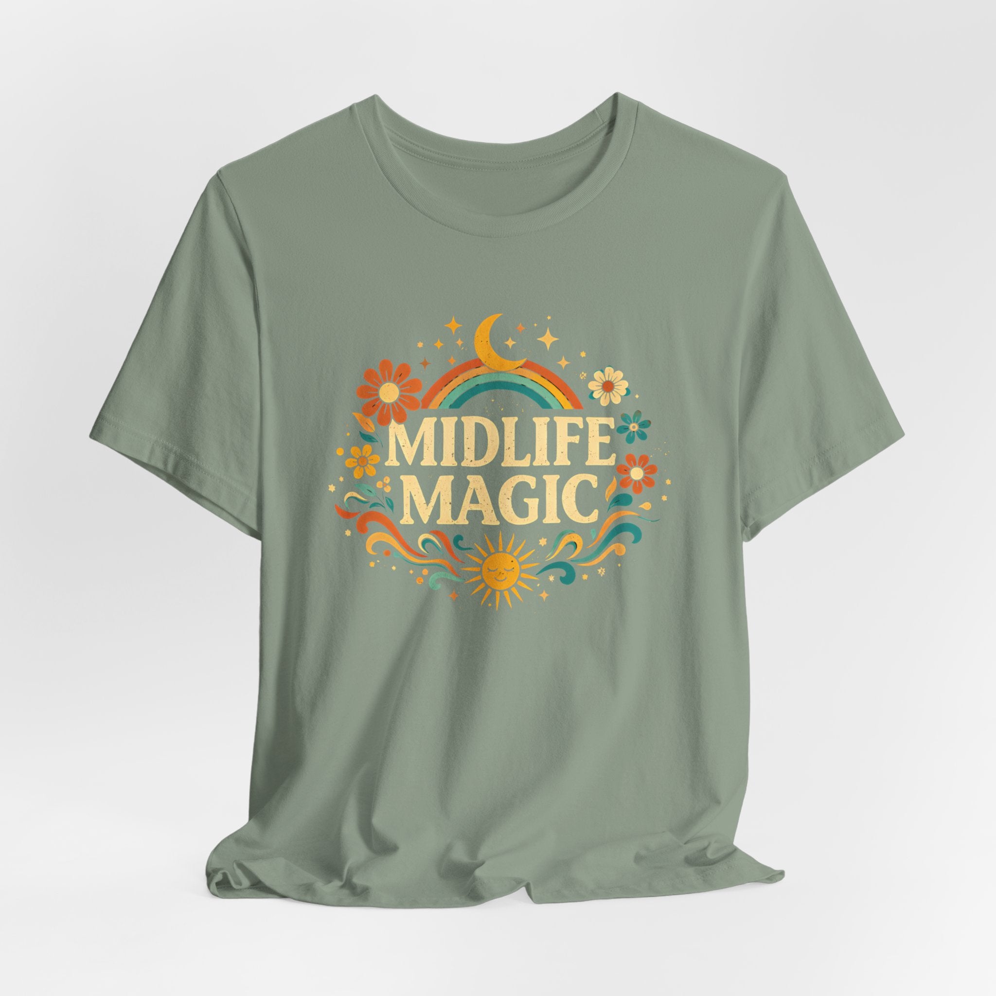 Midlife Magic Hippie Vibe T-Shirt — Retro Boho Tee for Women Celebrating Midlife