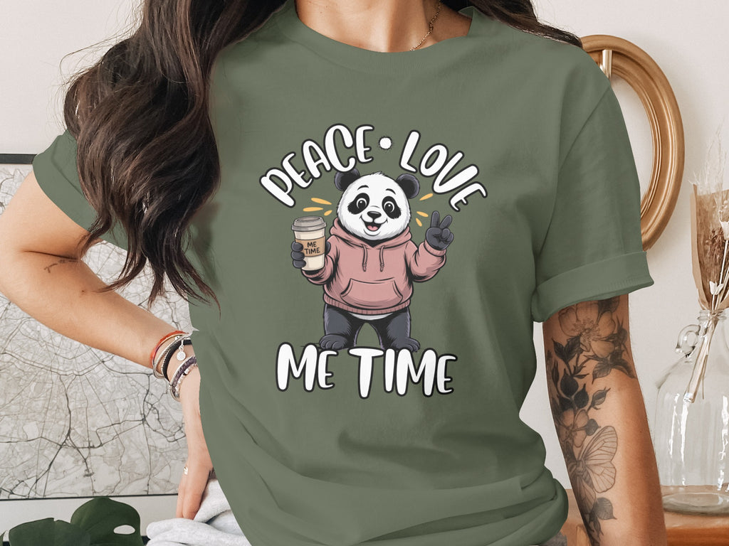 Peace Love Me Time Panda Graphic T-Shirt for Relaxation