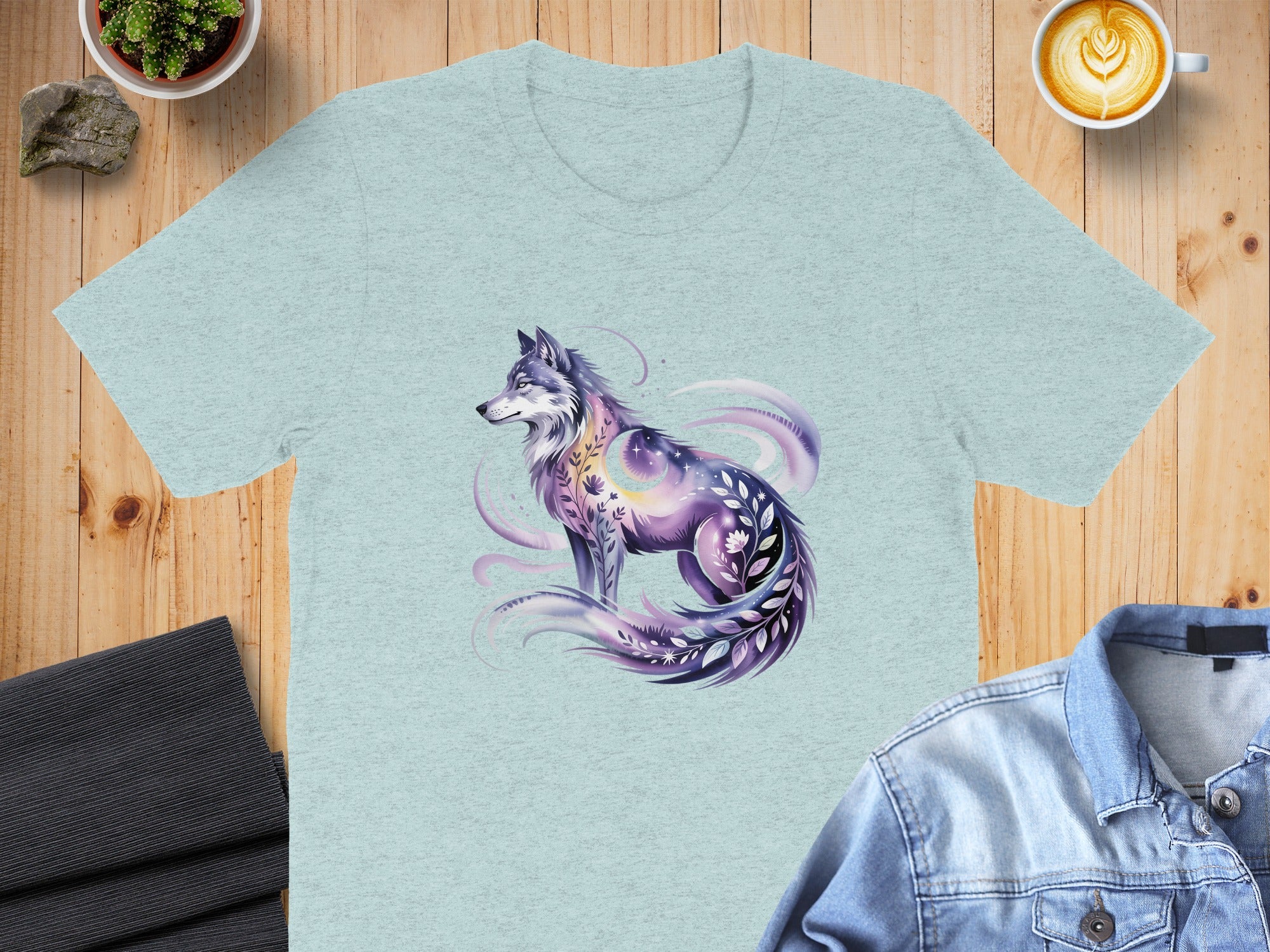 Mystical Wolf Design with Floral Elements T-Shirt