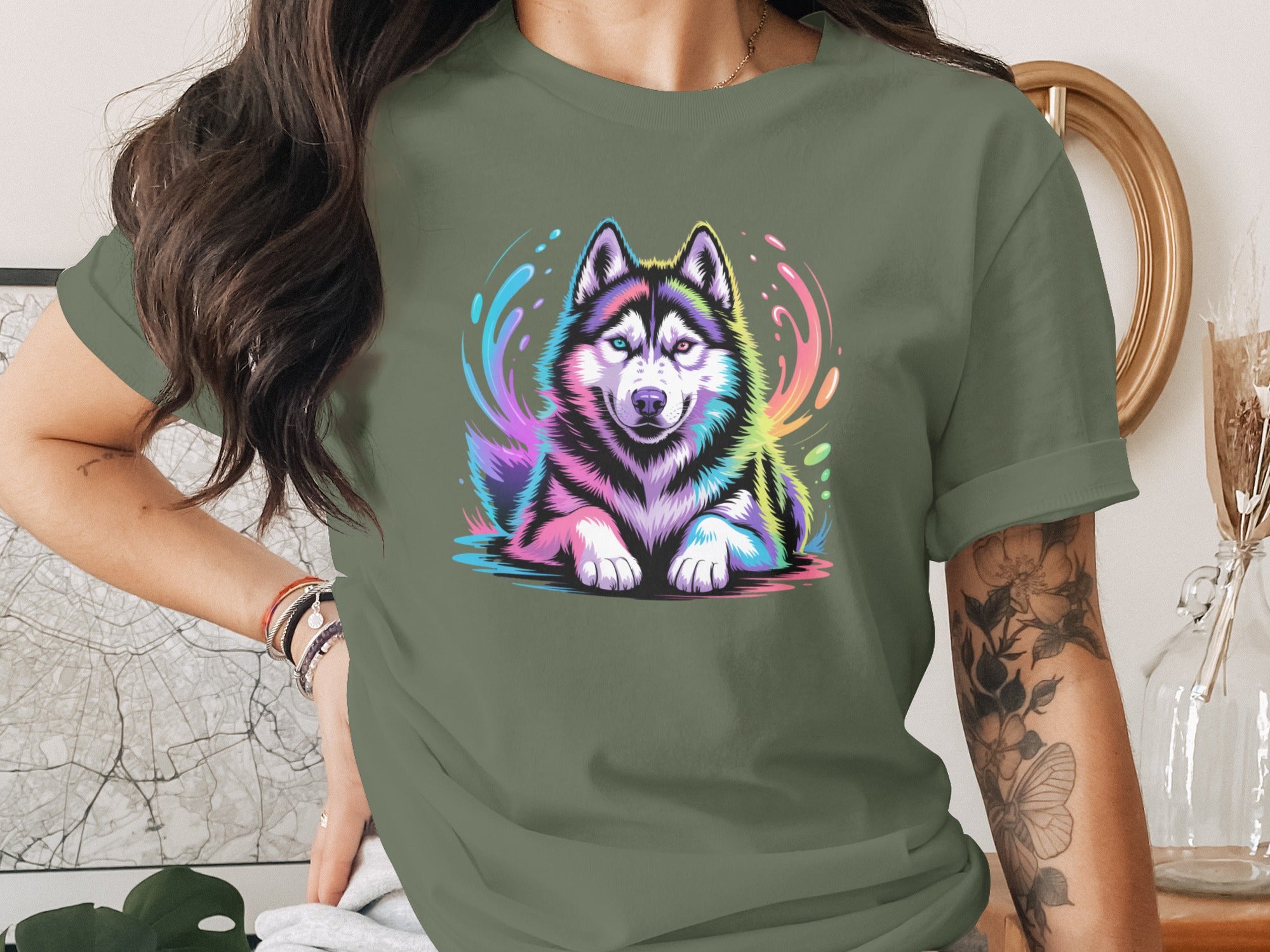 Colorful Husky Design Shirt Graphic Tee Unisex Apparel