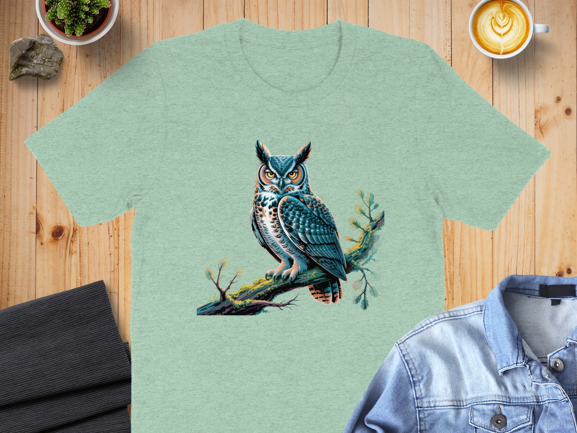 Detailed Owl Illustration on Green T-Shirt Product