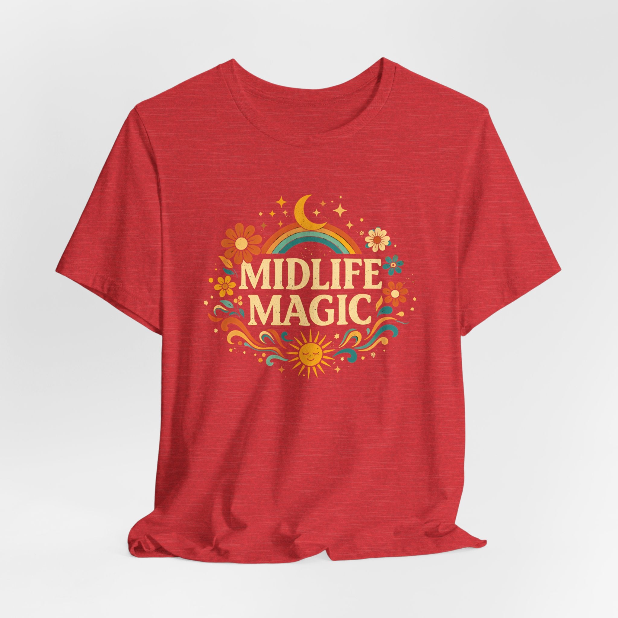 Midlife Magic Hippie Vibe T-Shirt — Retro Boho Tee for Women Celebrating Midlife