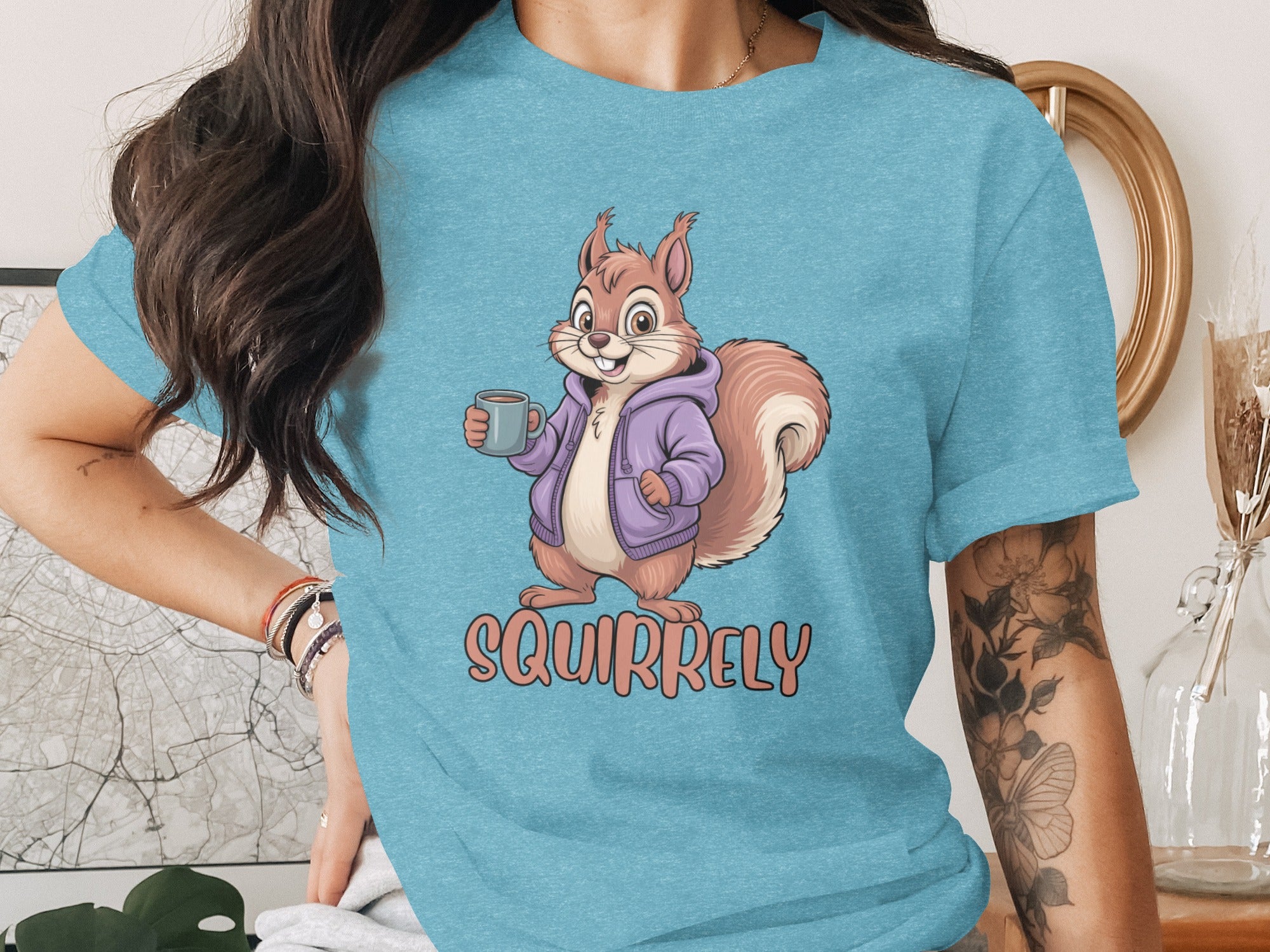 Squirrelly Cartoon Character Graphic Teal T-Shirt