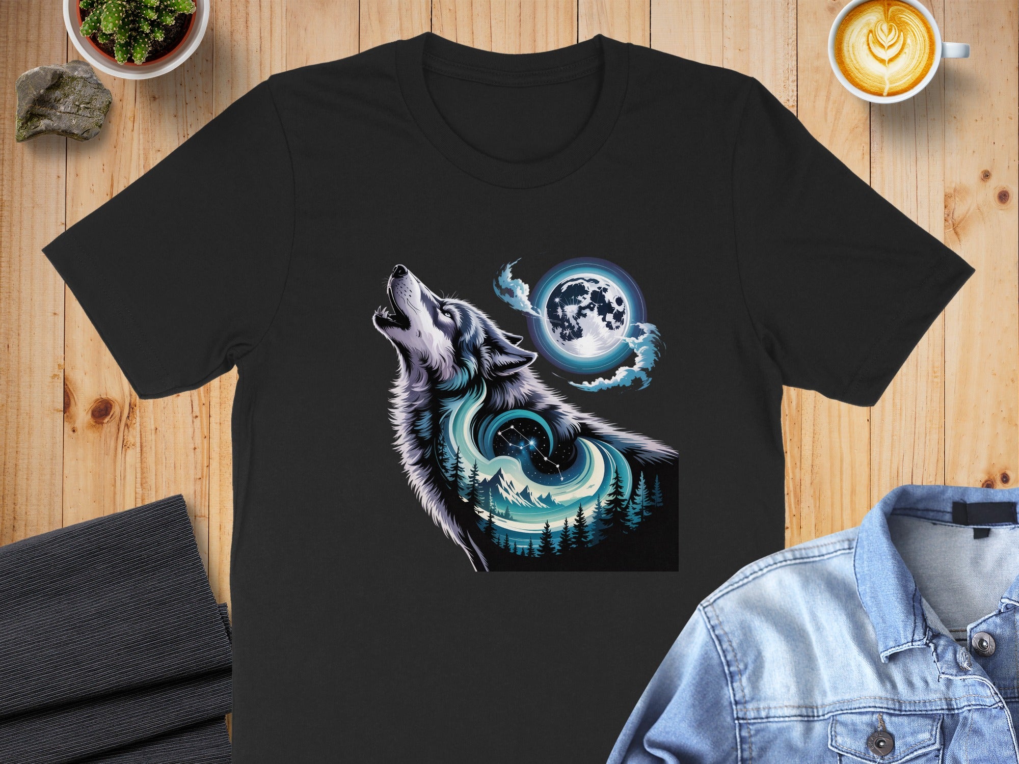 Howling Wolf and Moon Artistic Graphic T-Shirt