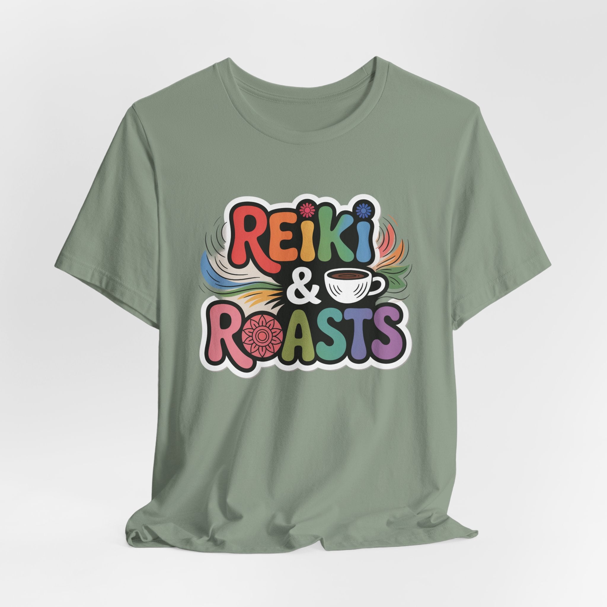 Reiki & Roasts Coffee Tee — Chakra Spiritual Coffee Lover T‑Shirt
