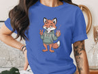 Fox Character Drinking Coffee Blue T-Shirt