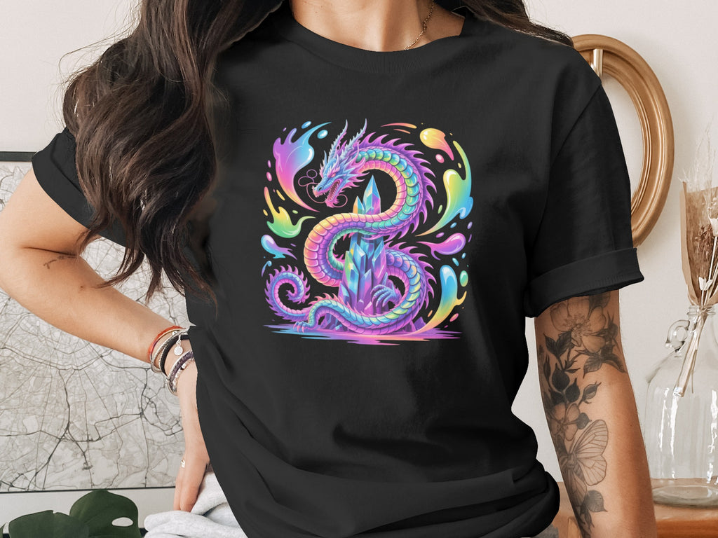 Vibrant Multicolor Dragon Design on Black T-Shirt