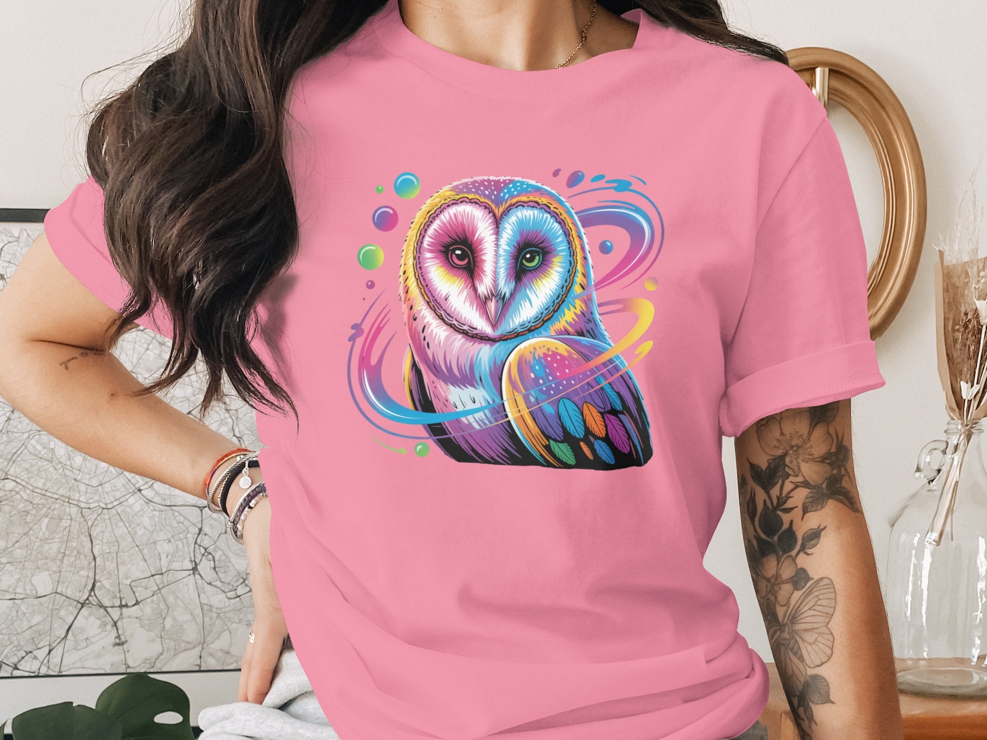 Vibrant Psychedelic Owl Art on Pink T-shirt