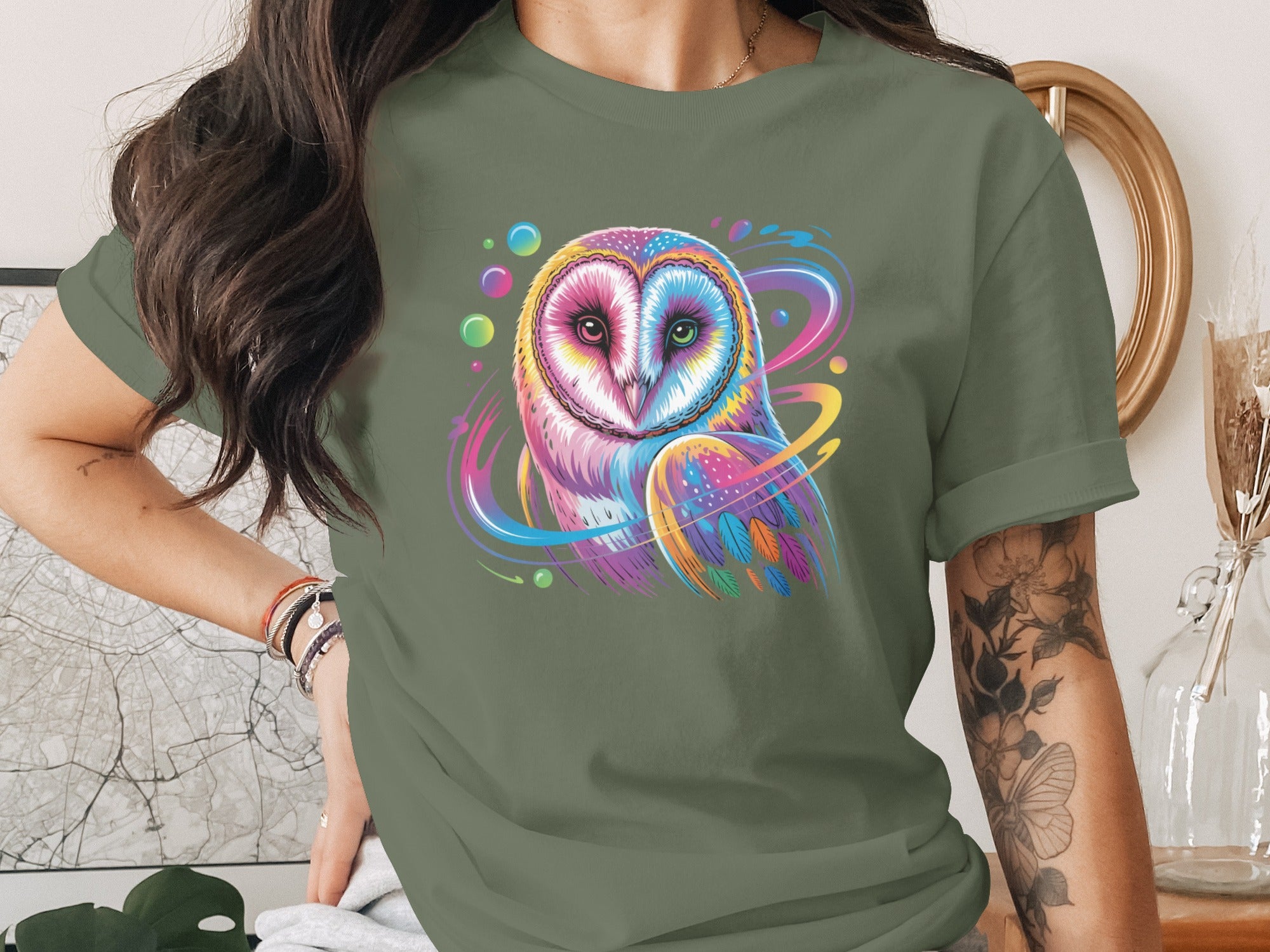 Abstract Colorful Owl Design Graphic T-Shirt Product