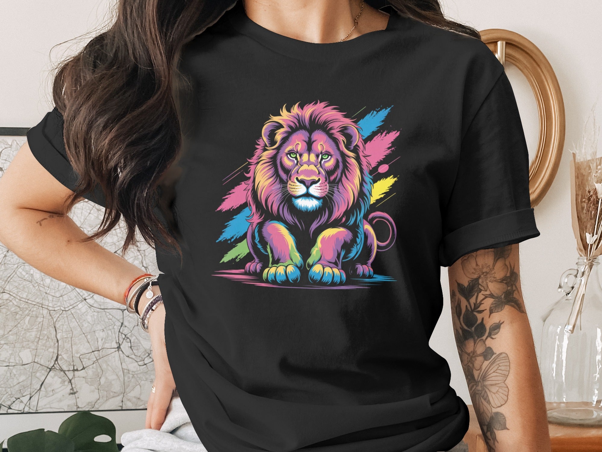 Vibrant Lion Graphic Tee Shirt with Colorful Design