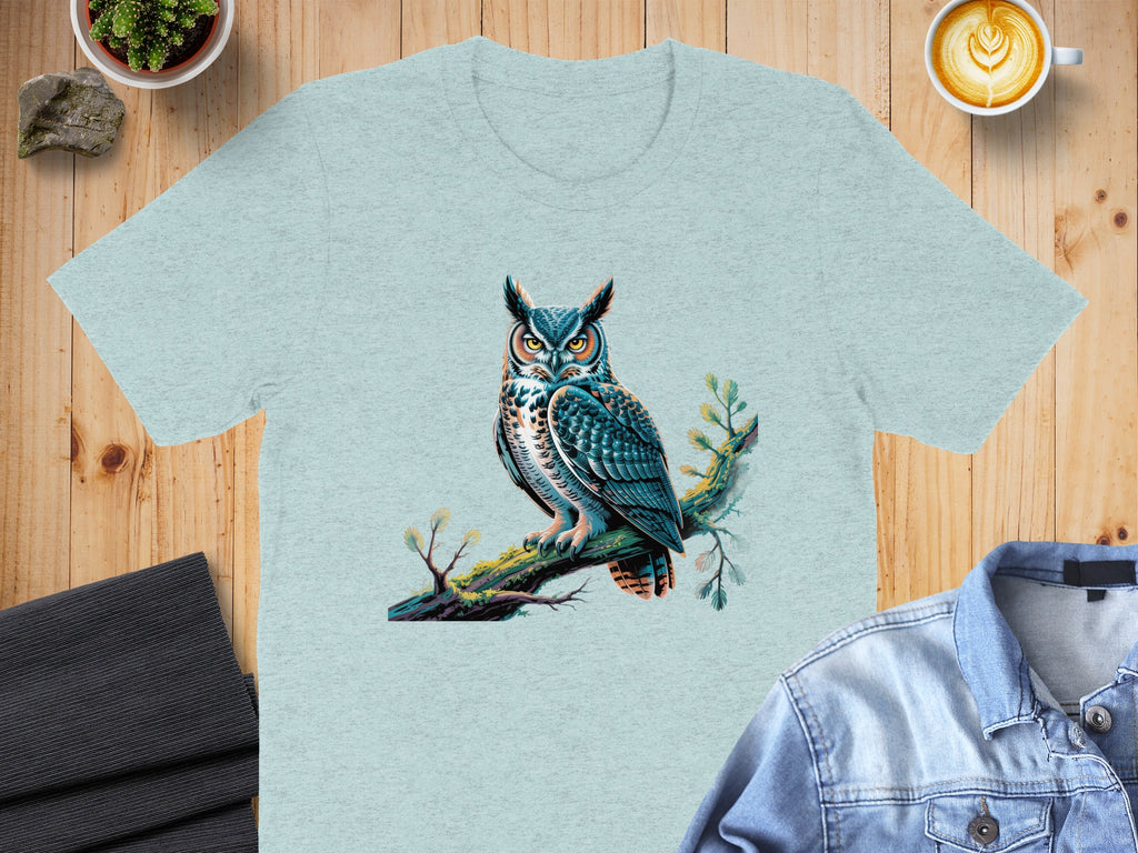Majestic Owl Illustration on Light Blue T-shirt