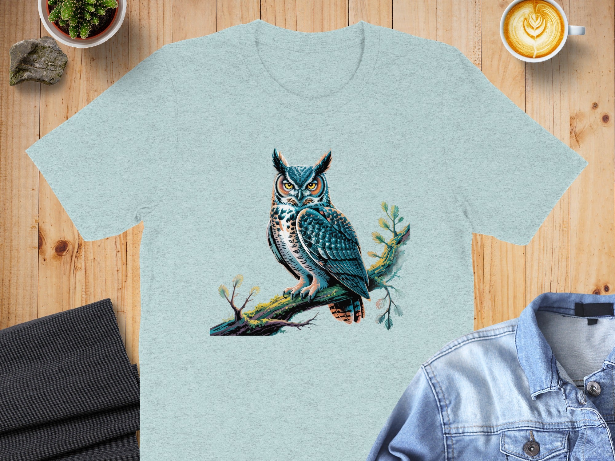 Majestic Owl Illustration on Light Blue T-shirt