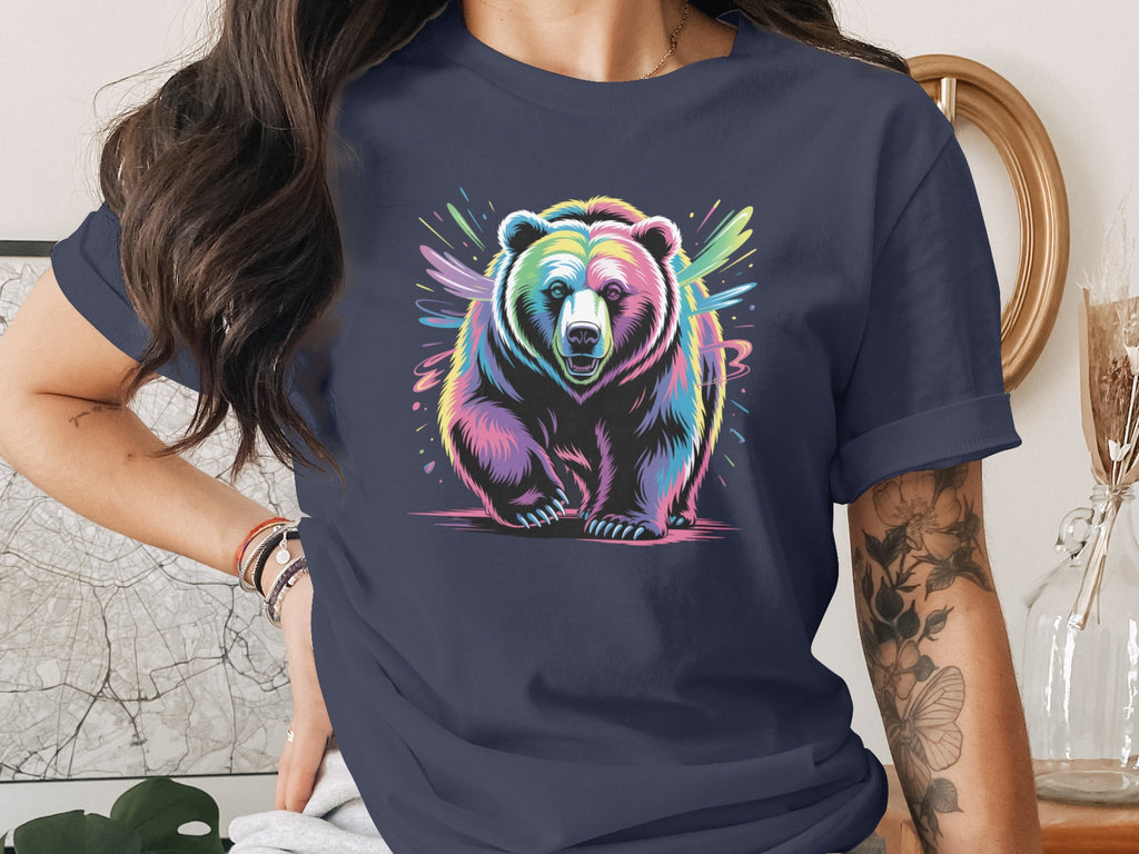 Colorful Bear Illustration on Dark T-Shirt