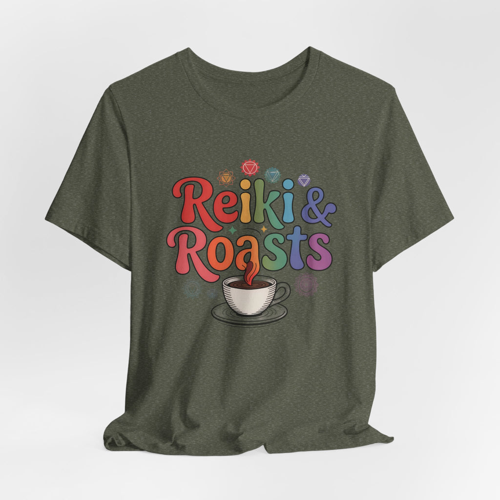 Reiki & Roasts Coffee Tee — Spiritual Coffee Lover T‑Shirt - WrinkledHippie