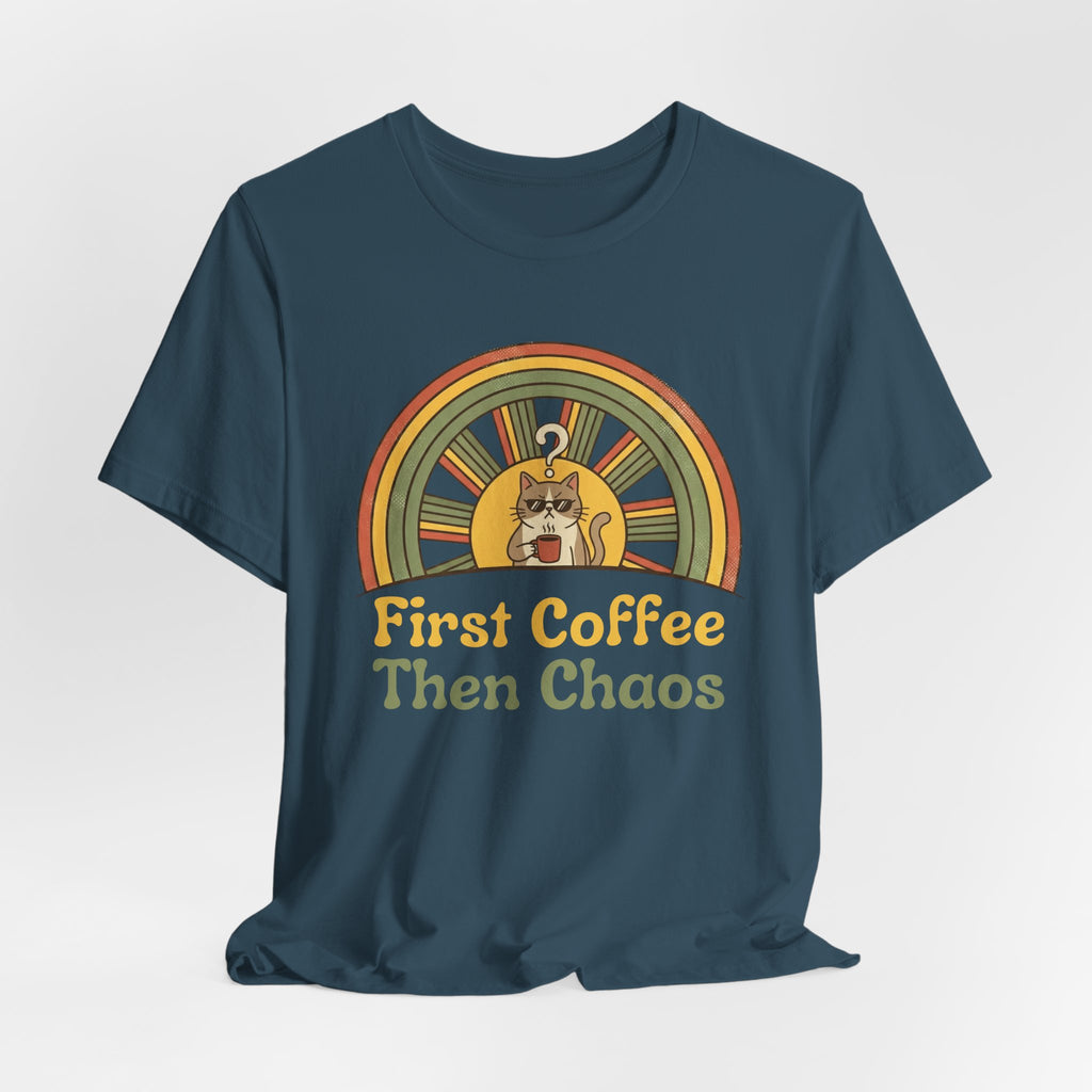 First Coffee Then Chaos Cat Coffee Retro T-Shirt - WrinkledHippie