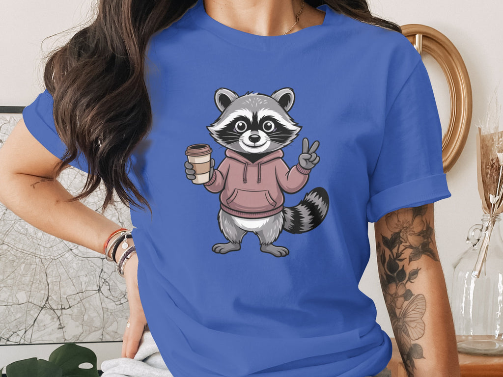 Cute Raccoon with Coffee Cup Design T-Shirt