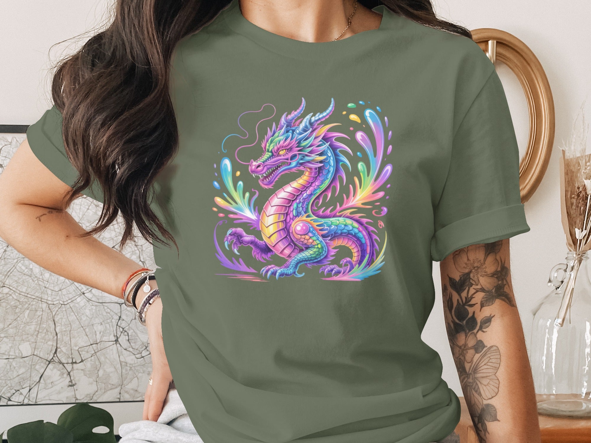 Colorful Neon Dragon Design on Green T-shirt