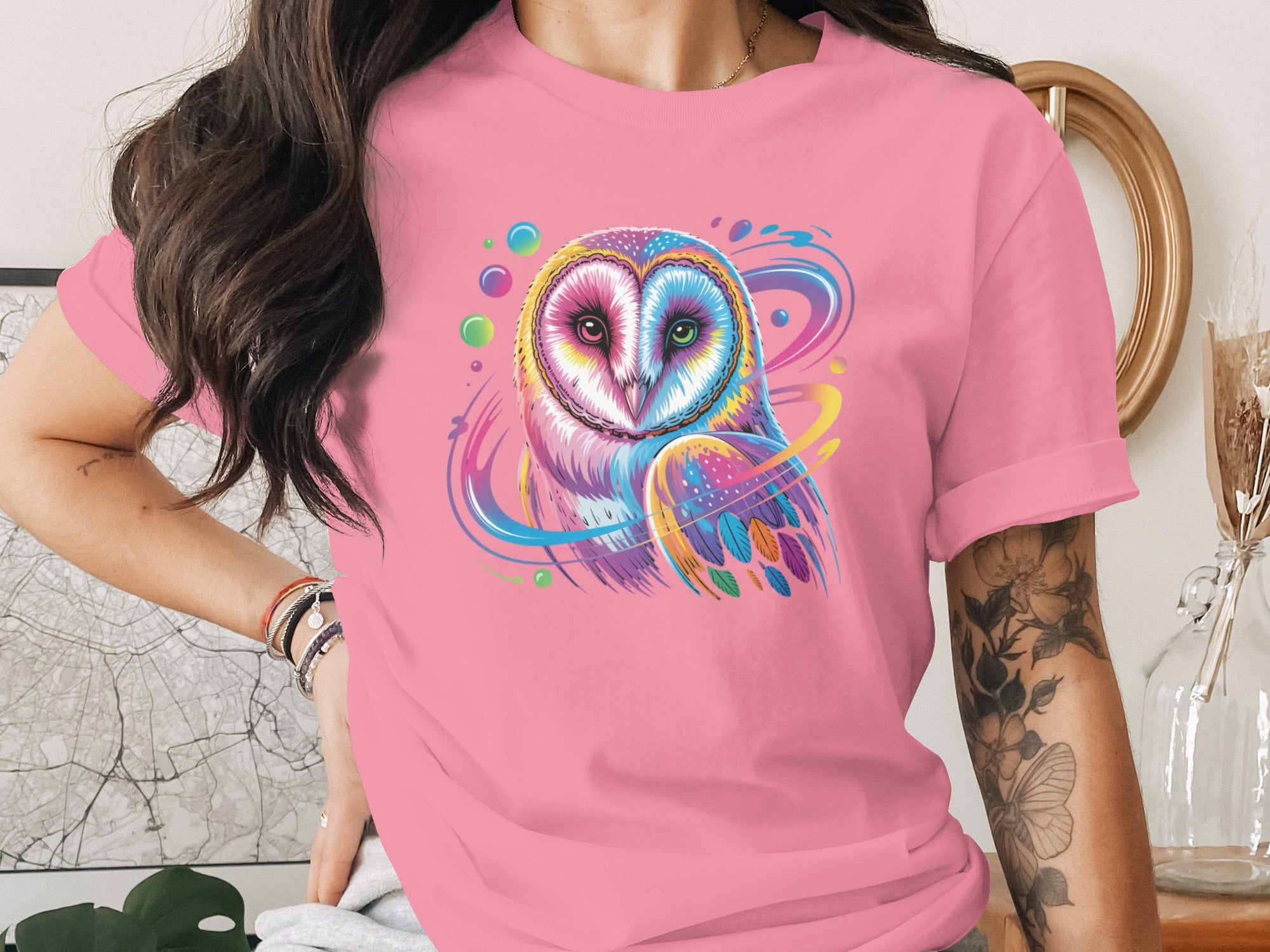 Colorful Owl Design on Pink T-shirt for Women