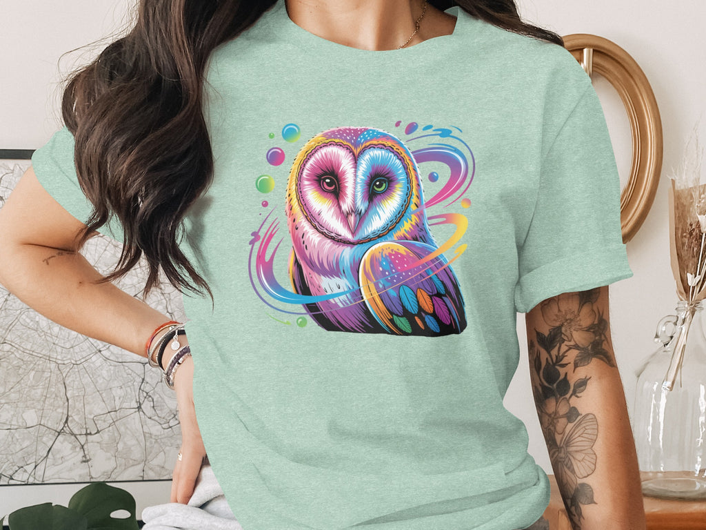 Colorful Psychedelic Owl Print Green T-Shirt