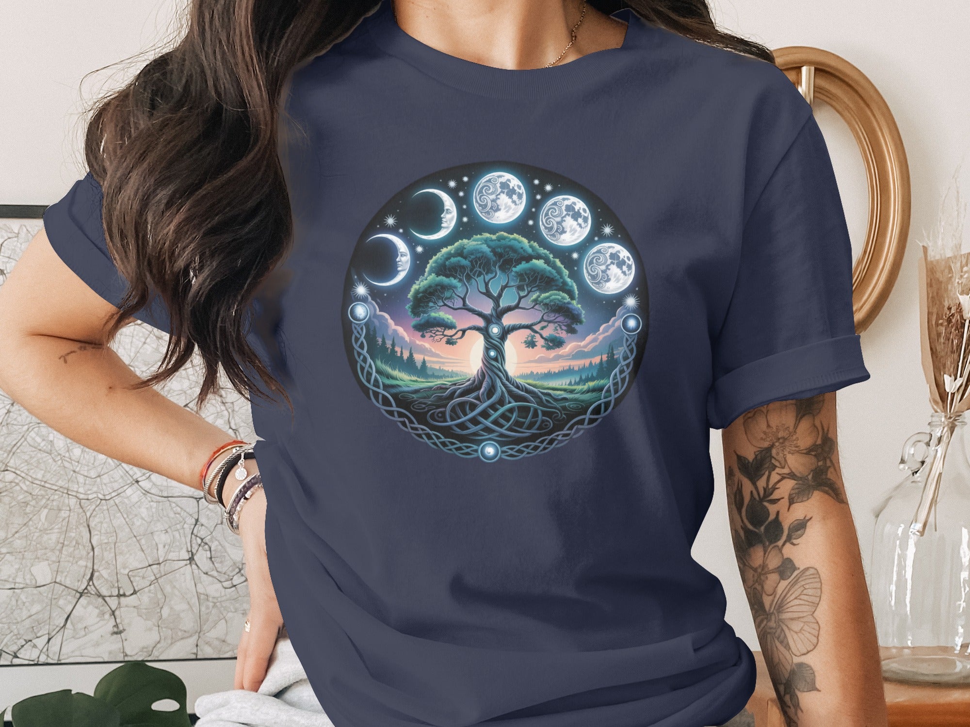 Mystical Tree and Moon Phases Design on T-shirt