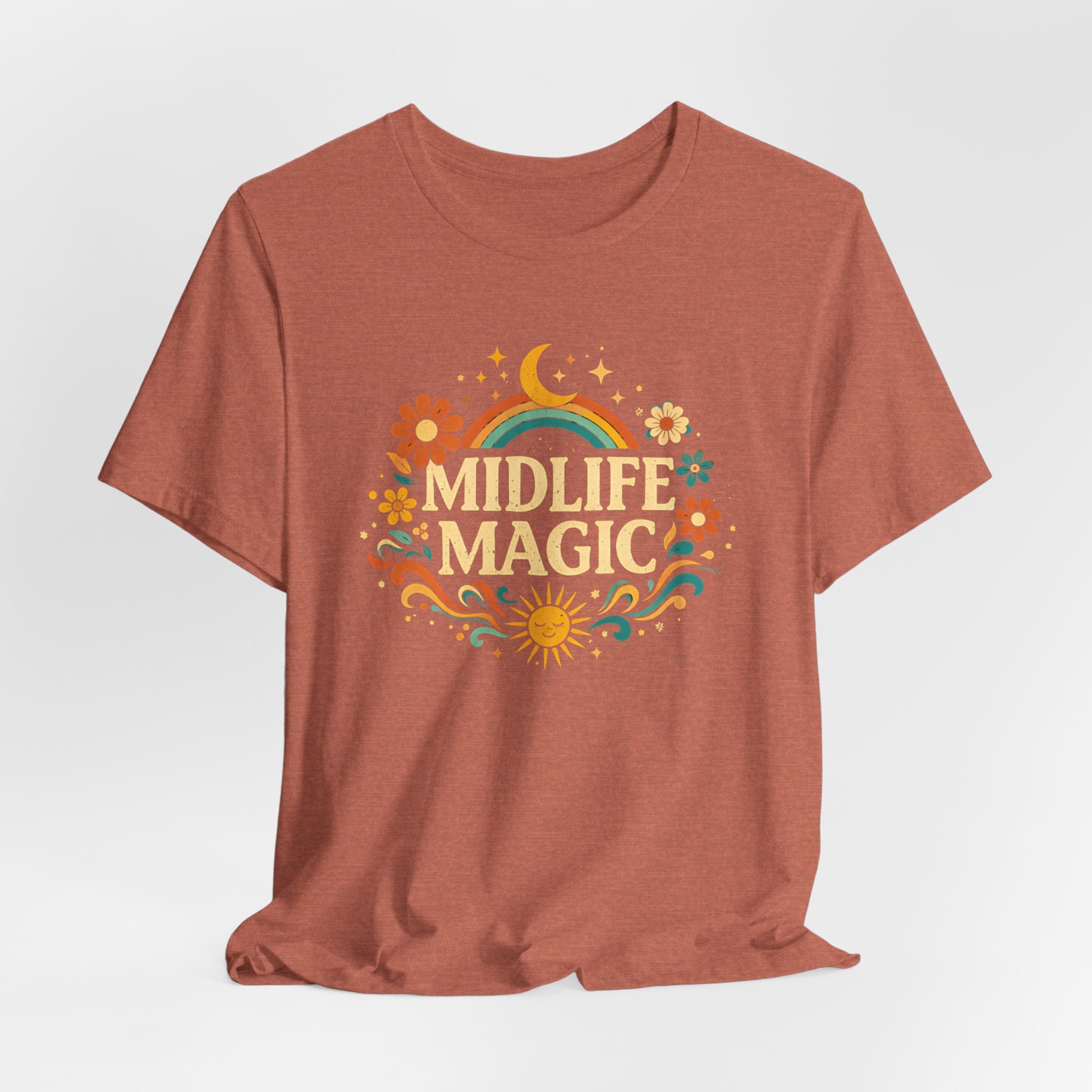 Midlife Magic Hippie Vibe T-Shirt — Retro Boho Tee for Women Celebrating Midlife