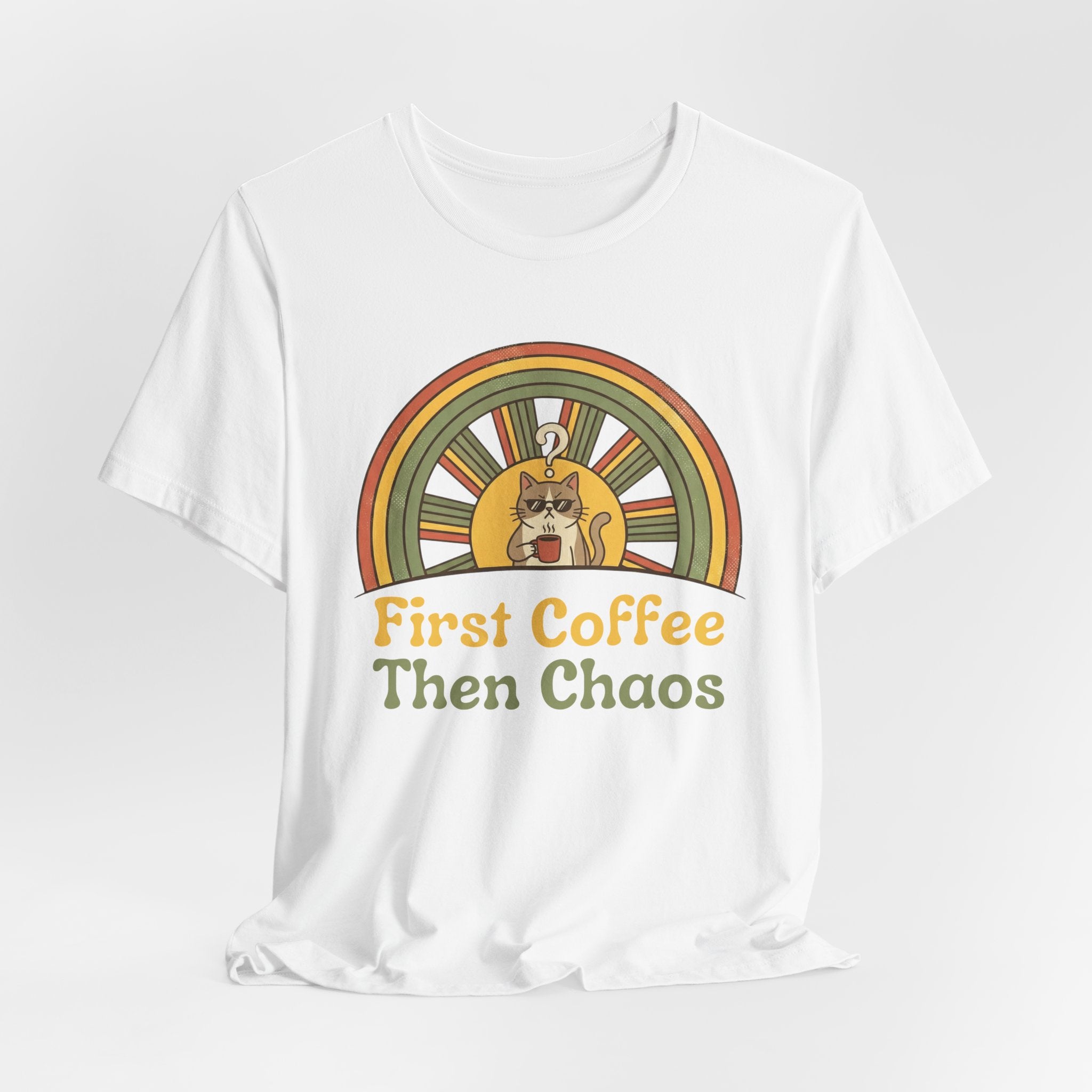 First Coffee Then Chaos Cat Coffee Retro T-Shirt - WrinkledHippie
