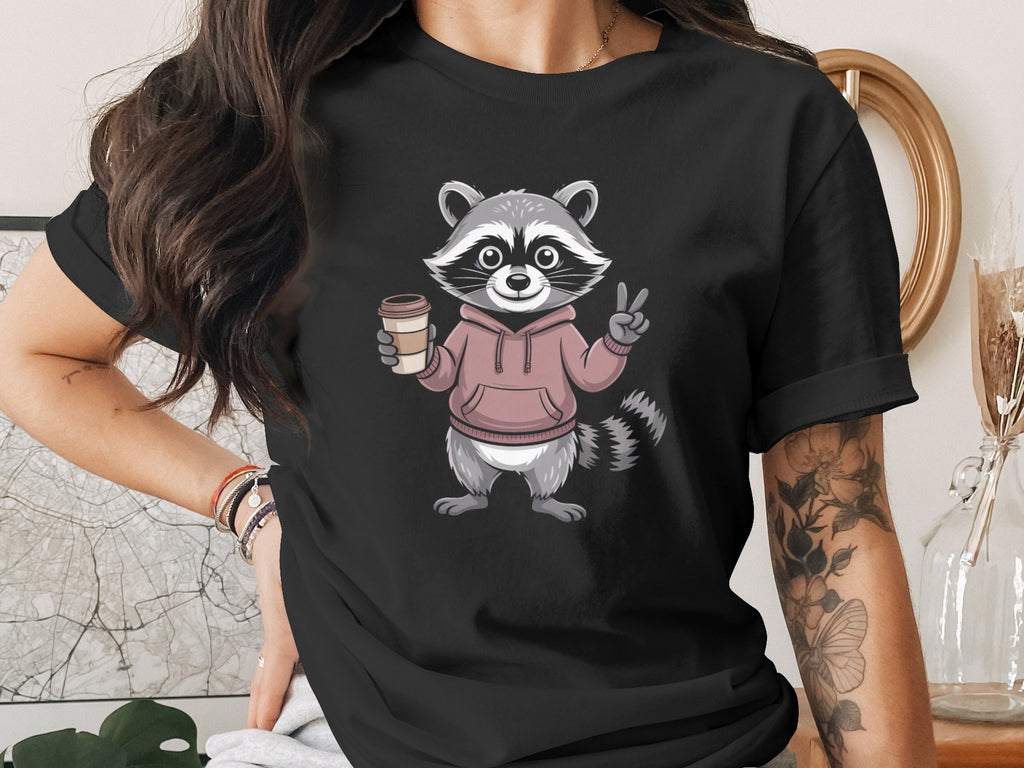 Cute Raccoon Drinking Coffee Peace Sign T-Shirt