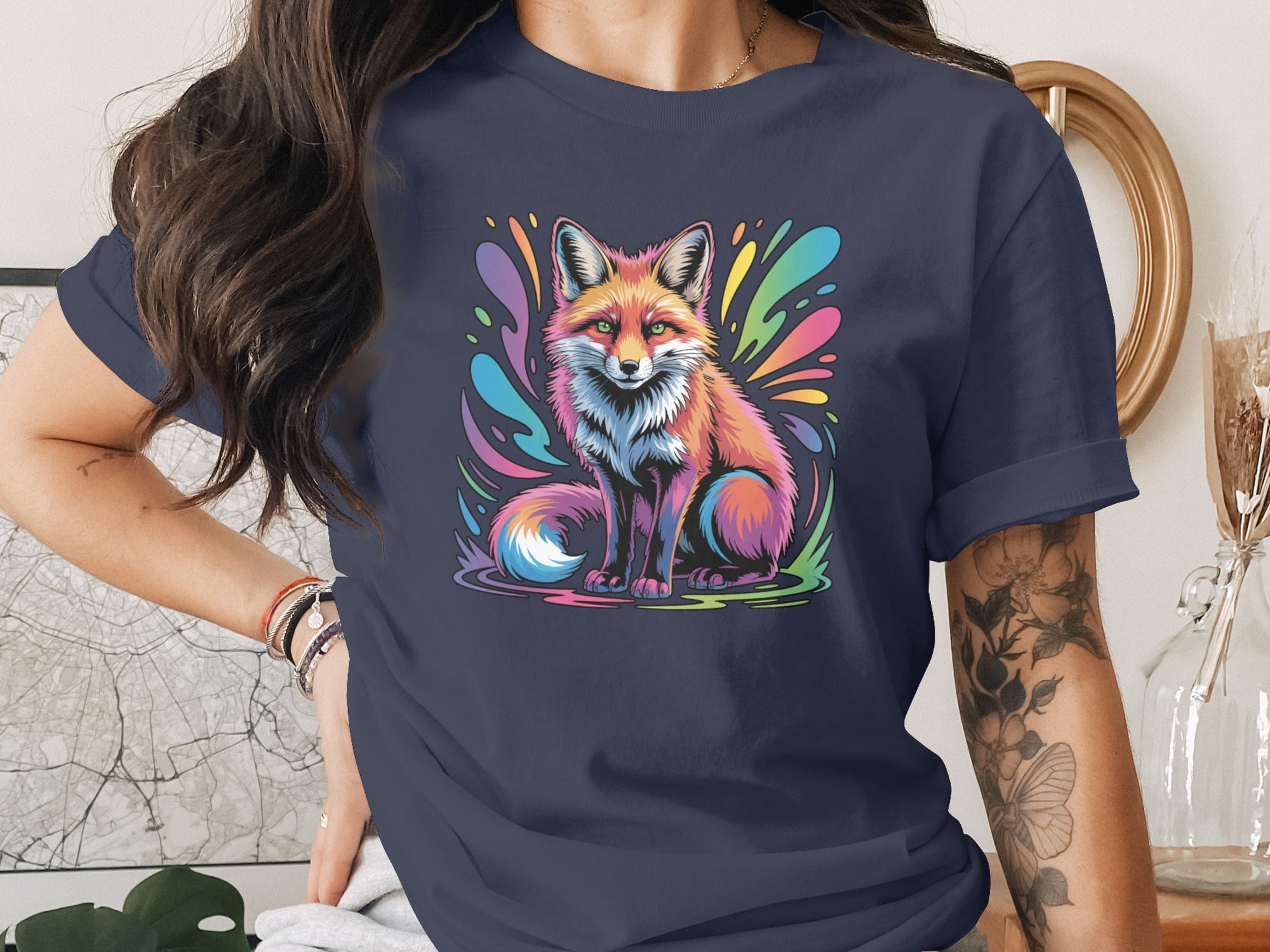 Colorful Artistic Fox Illustration on Dark Blue T-Shirt