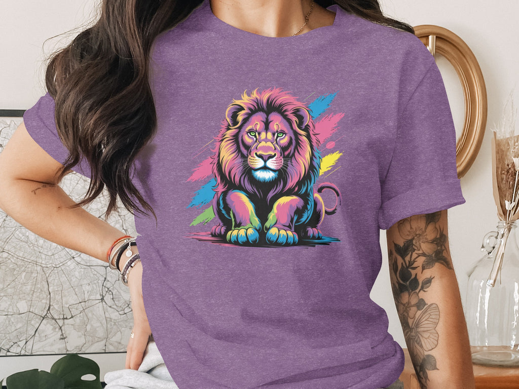 Colorful Lion Graphic Design on Purple T-Shirt