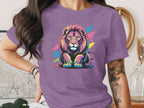 Colorful Lion Graphic Design on Purple T-Shirt