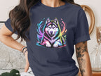 Colorful Husky Dog Graphic Tee Shirt for Women