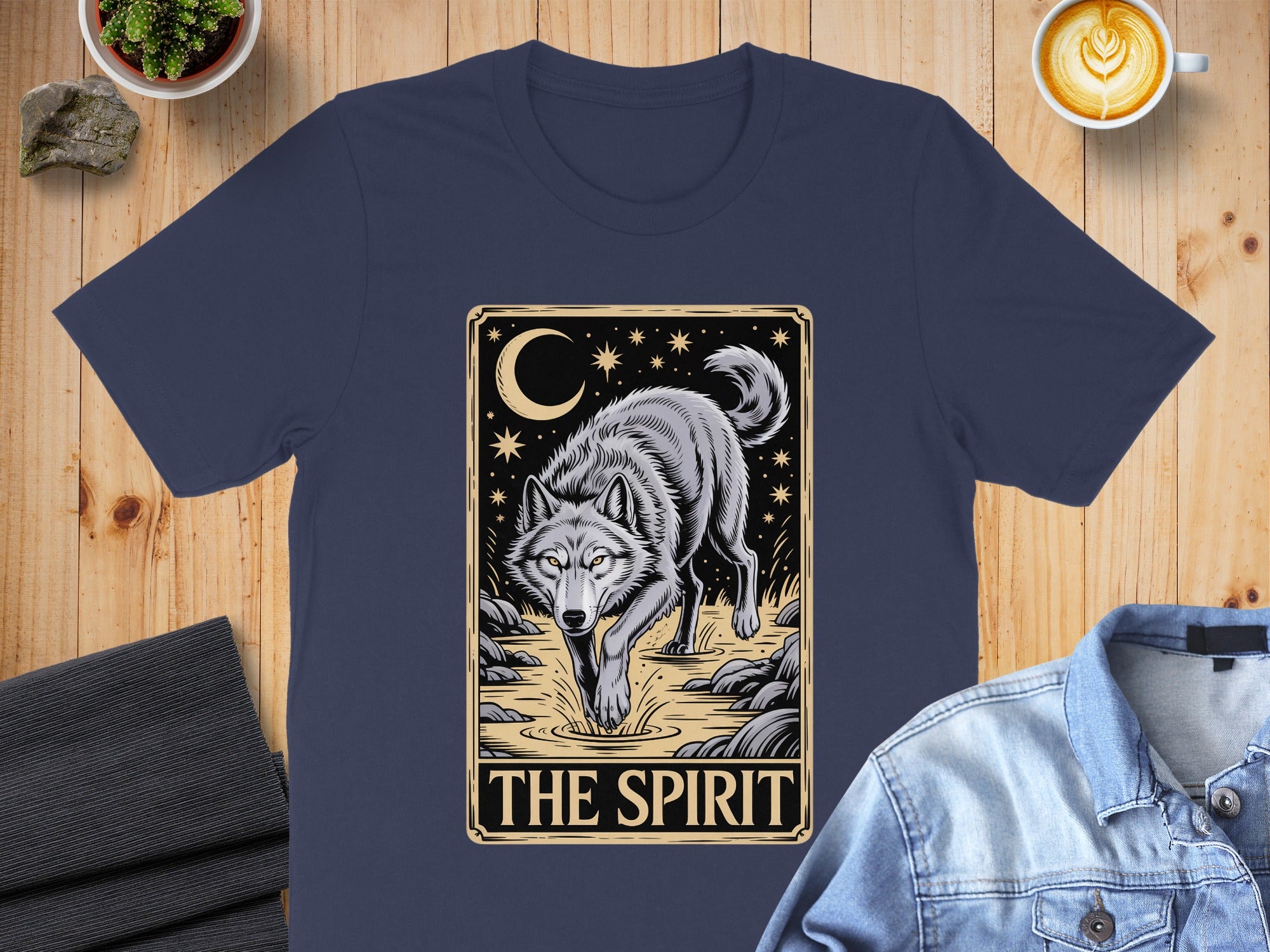 The Spirit Wolf With Moon and Stars Design T-shirt