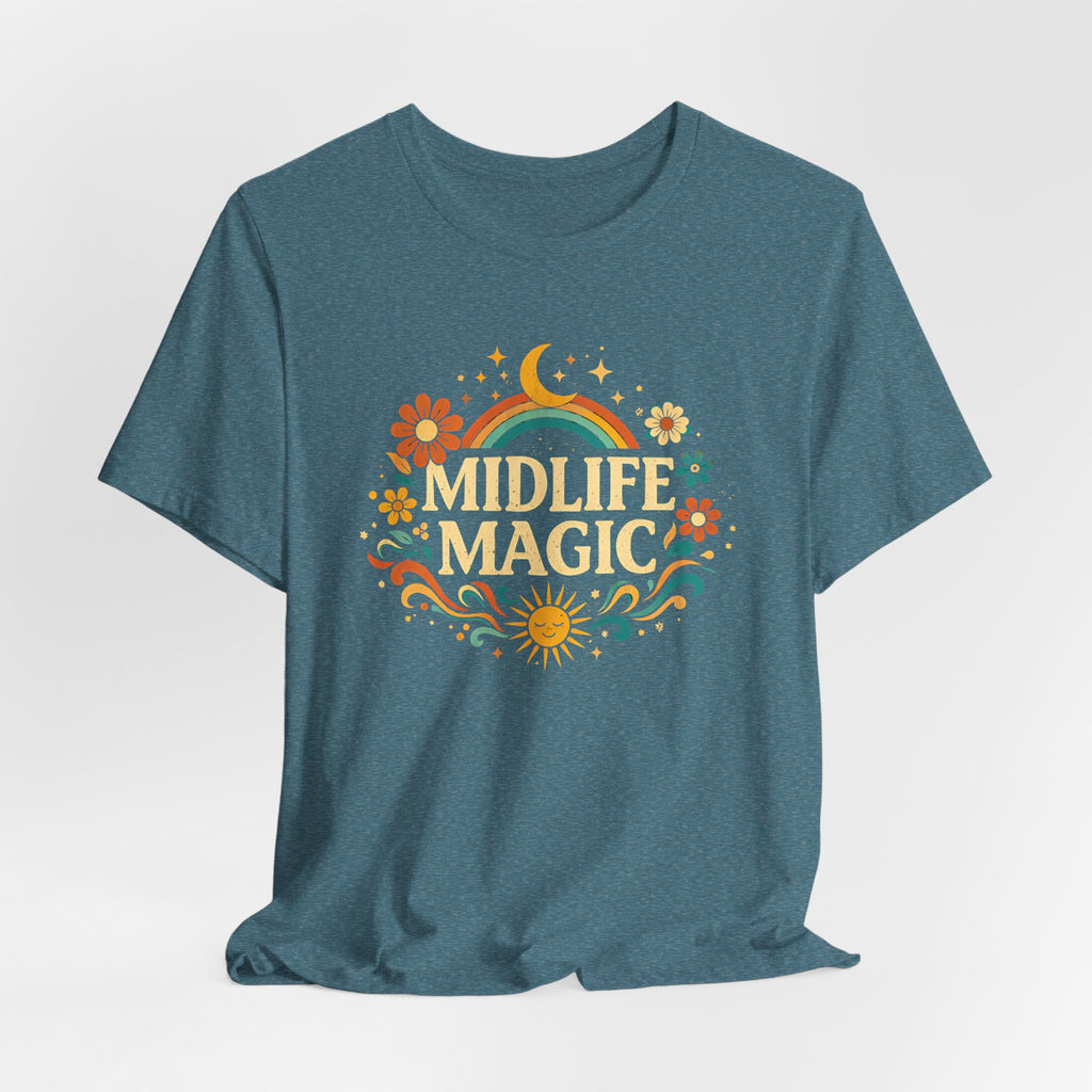 Midlife Magic Hippie Vibe T-Shirt — Retro Boho Tee for Women Celebrating Midlife - WrinkledHippie